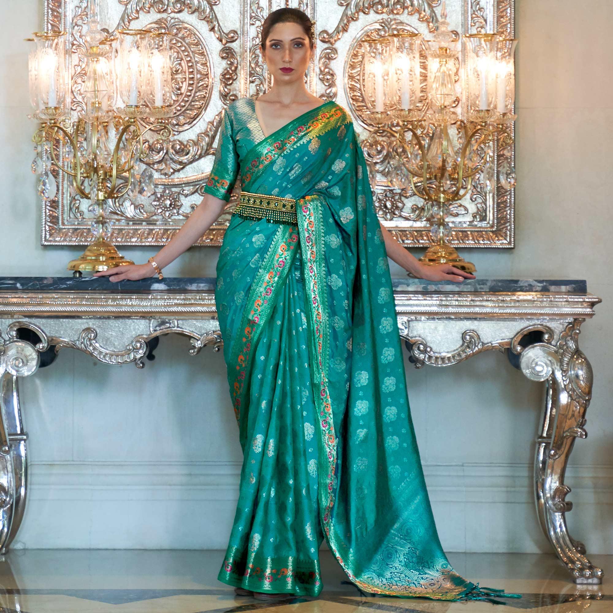 Turquoise Festive Wear Woven Handloom Silk Saree - Peachmode