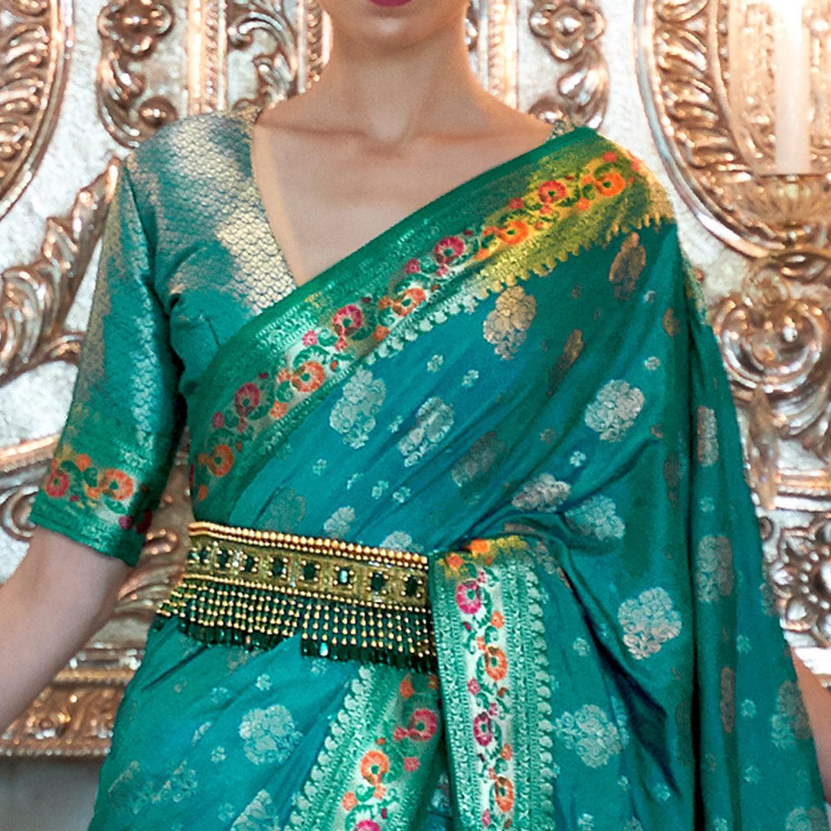 Turquoise Festive Wear Woven Handloom Silk Saree - Peachmode