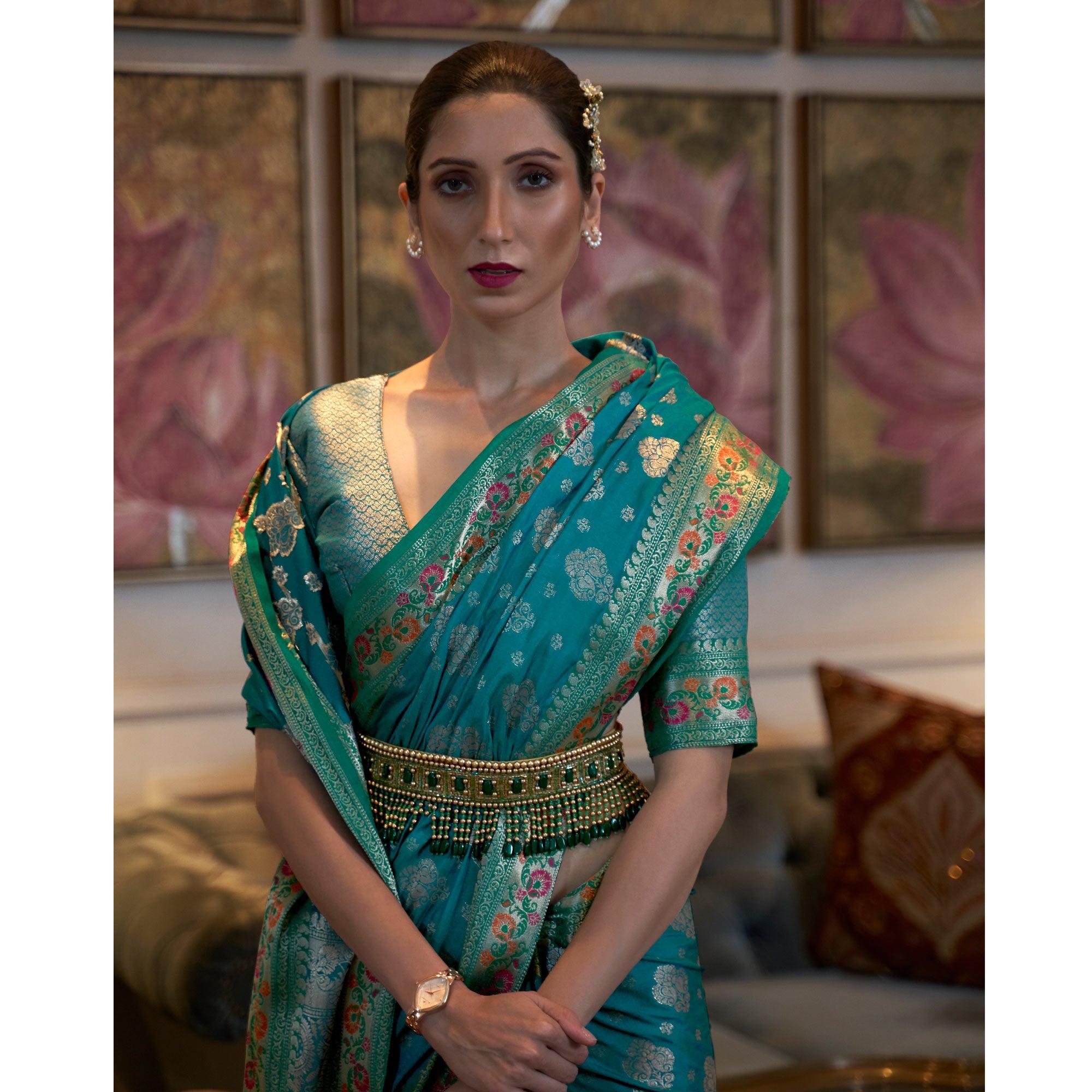Turquoise Festive Wear Woven Handloom Silk Saree - Peachmode