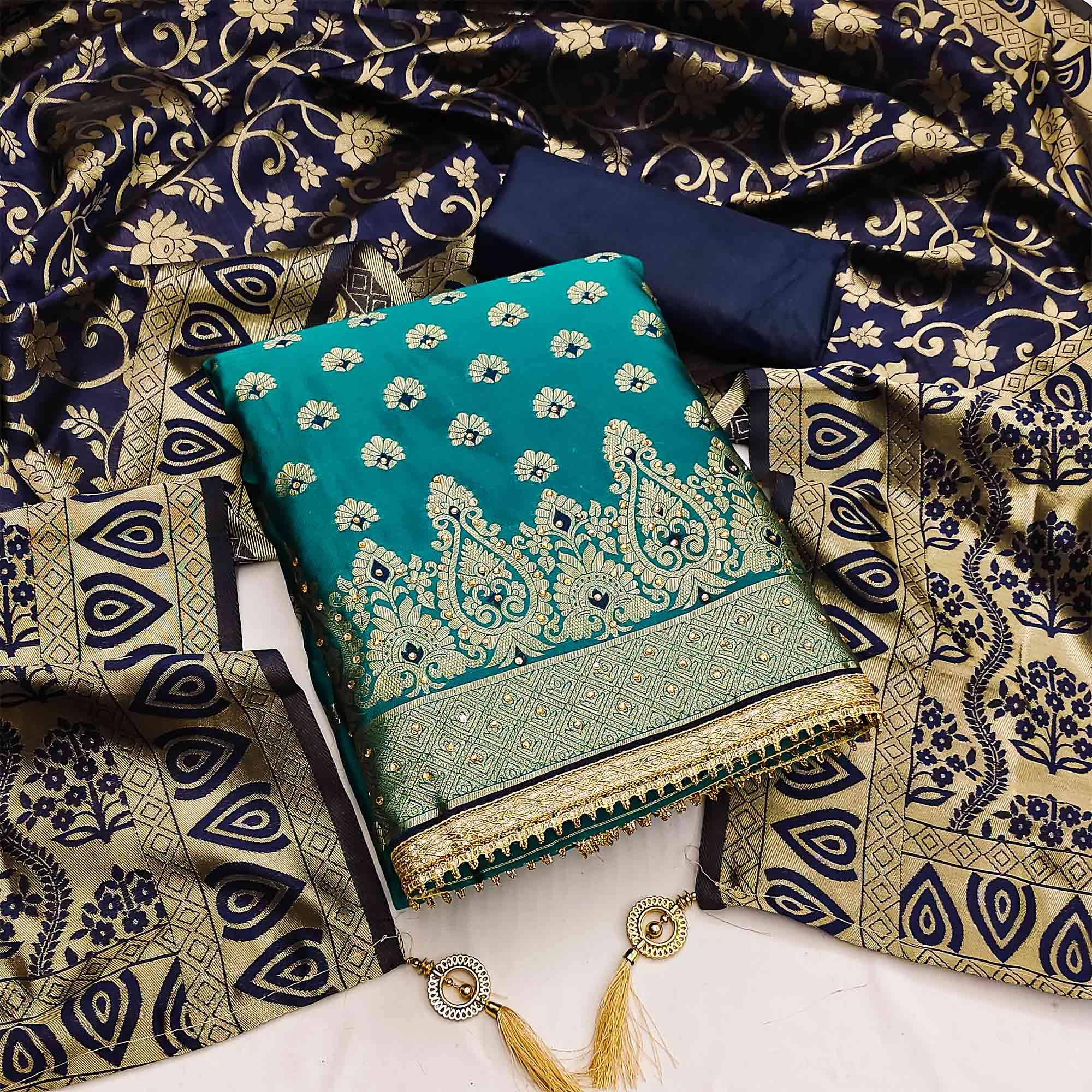 Turquoise Festive Wear Woven Jacquard Dress Material - Peachmode