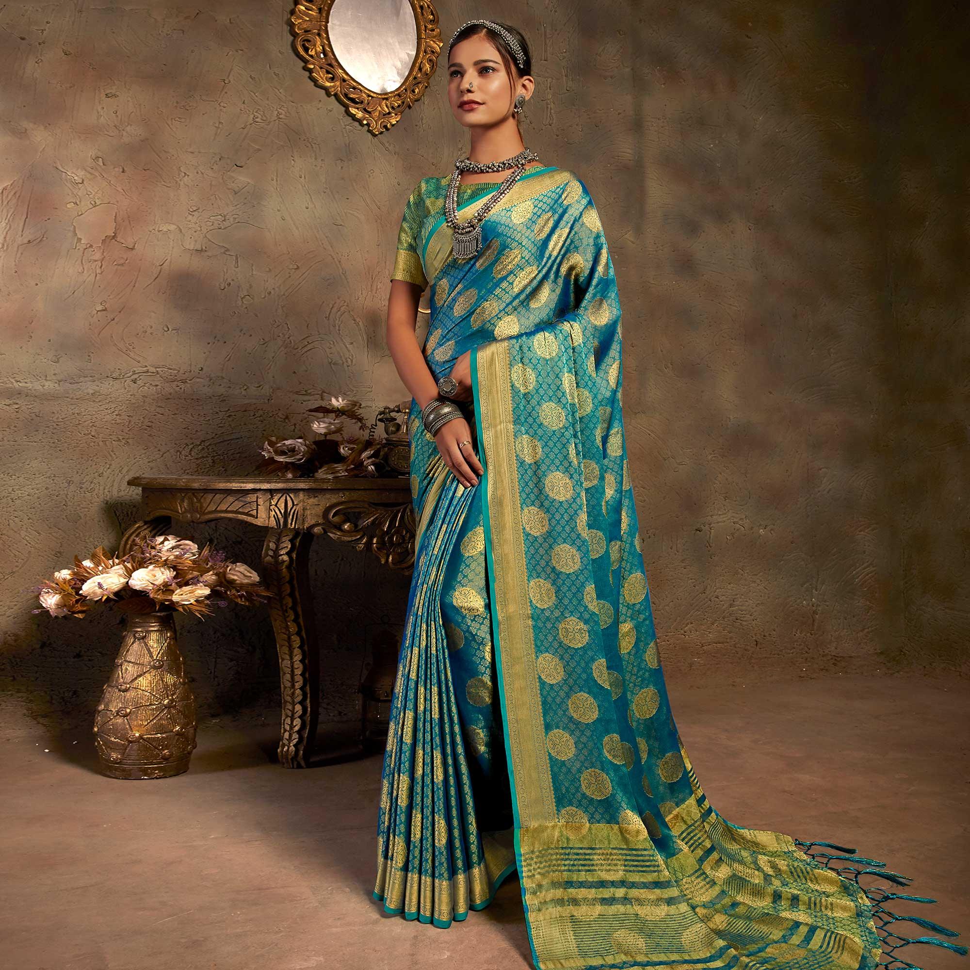 Turquoise Festive Wear Woven Jacquard Saree - Peachmode