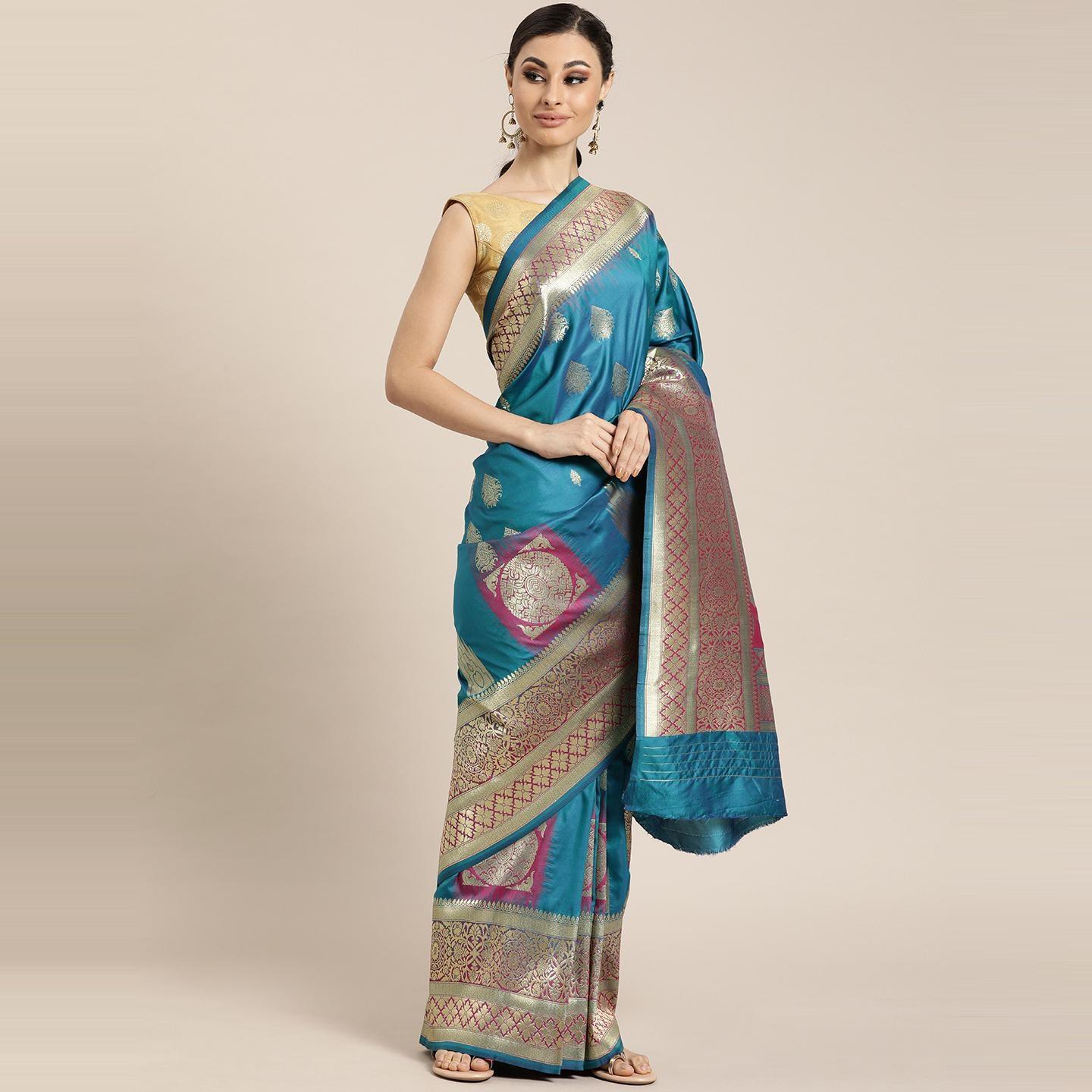 Turquoise Festive Wear Woven Kanjivaram Silk Saree - Peachmode