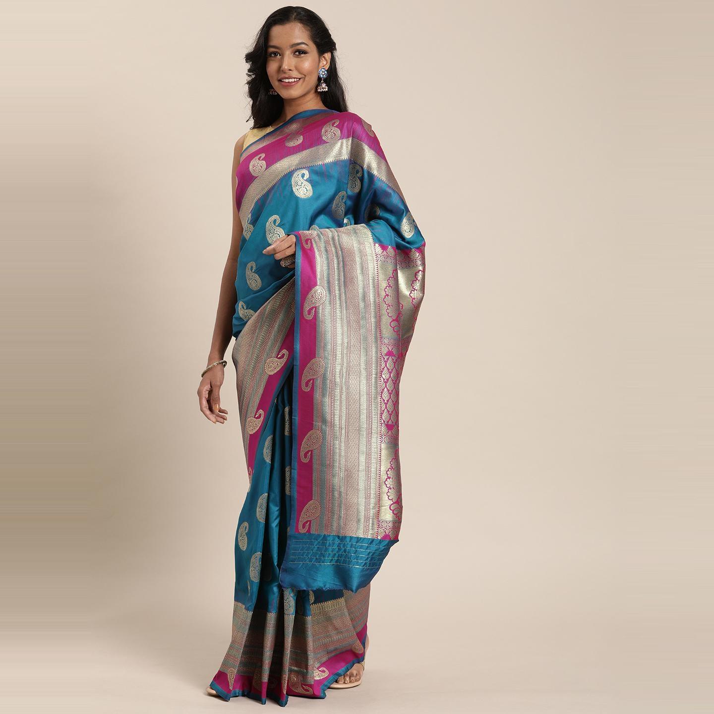 Turquoise Festive Wear Woven Kanjivaram Silk Saree - Peachmode