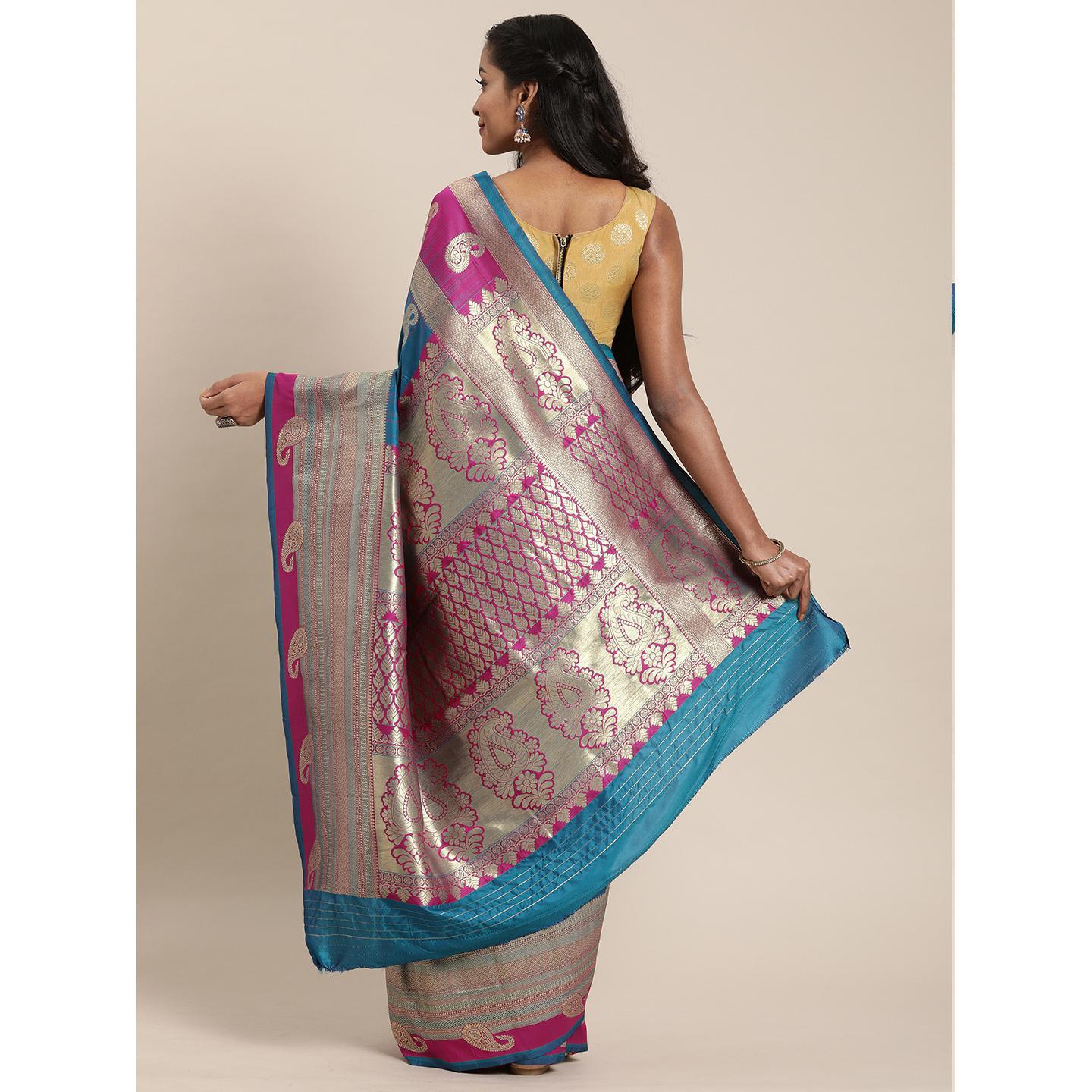 Turquoise Festive Wear Woven Kanjivaram Silk Saree - Peachmode
