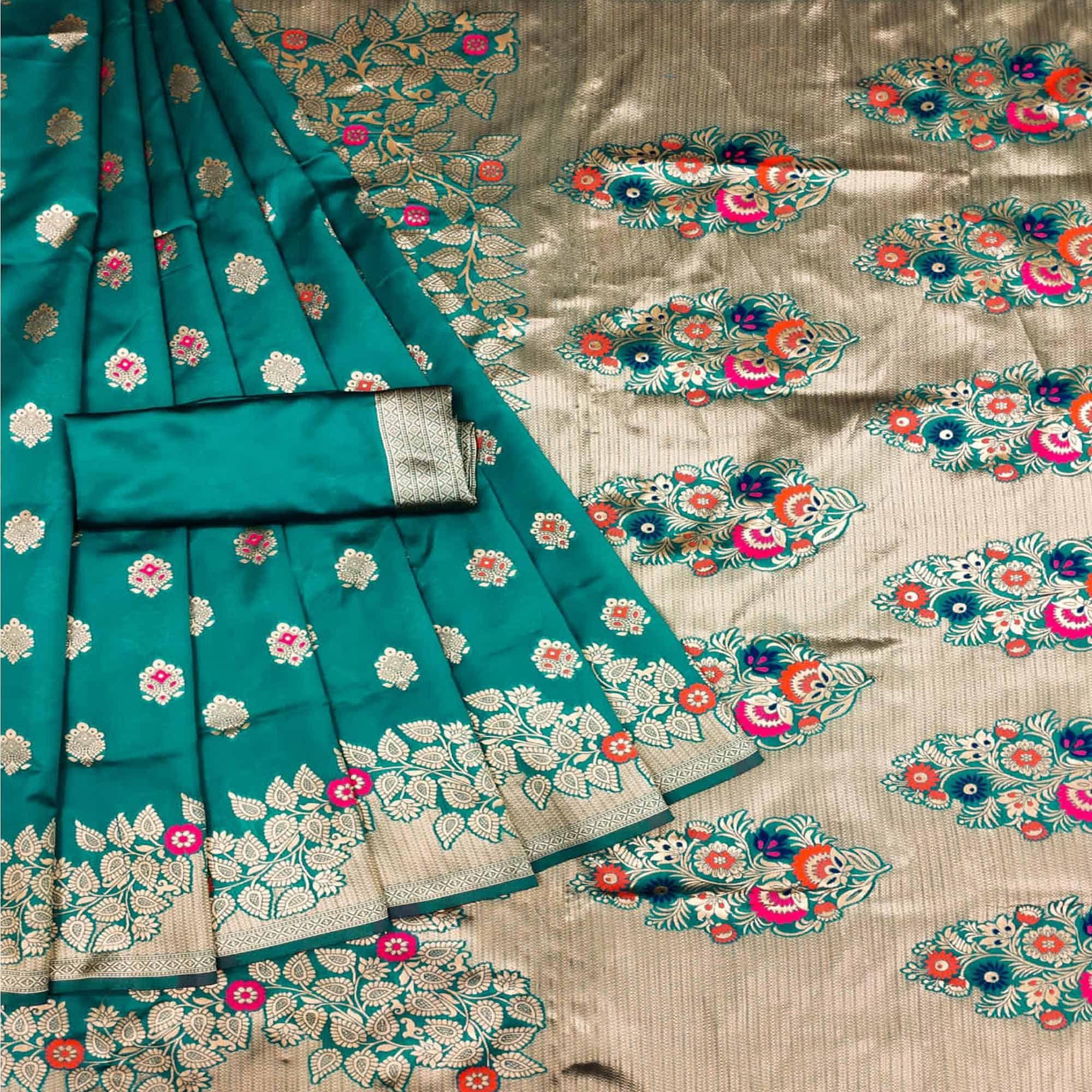 Turquoise Festive Wear Woven Litchi Silk Saree - Peachmode
