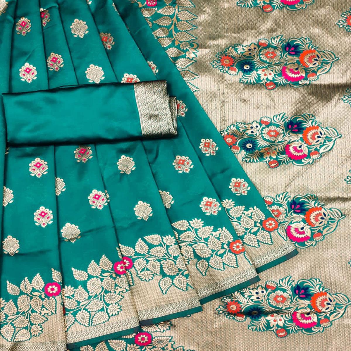 Turquoise Festive Wear Woven Litchi Silk Saree - Peachmode