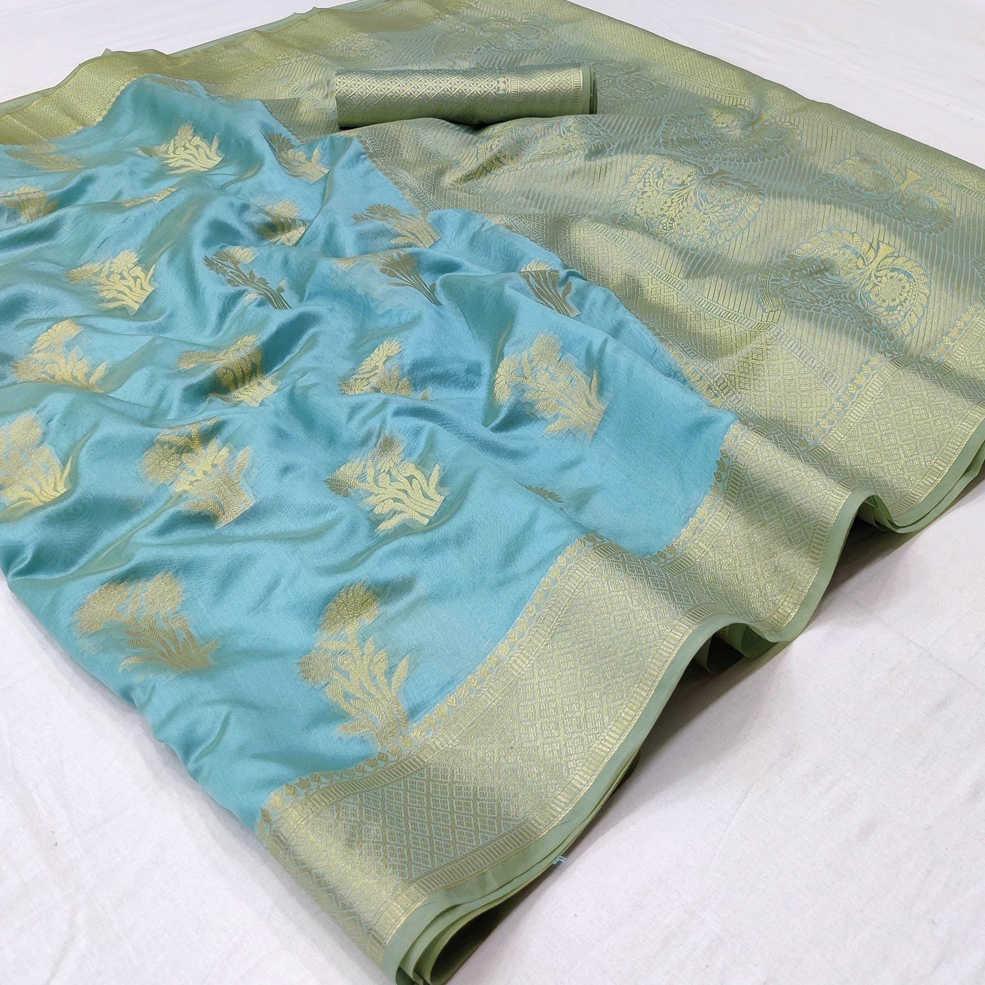 Turquoise Festive Wear Woven Organza Saree - Peachmode