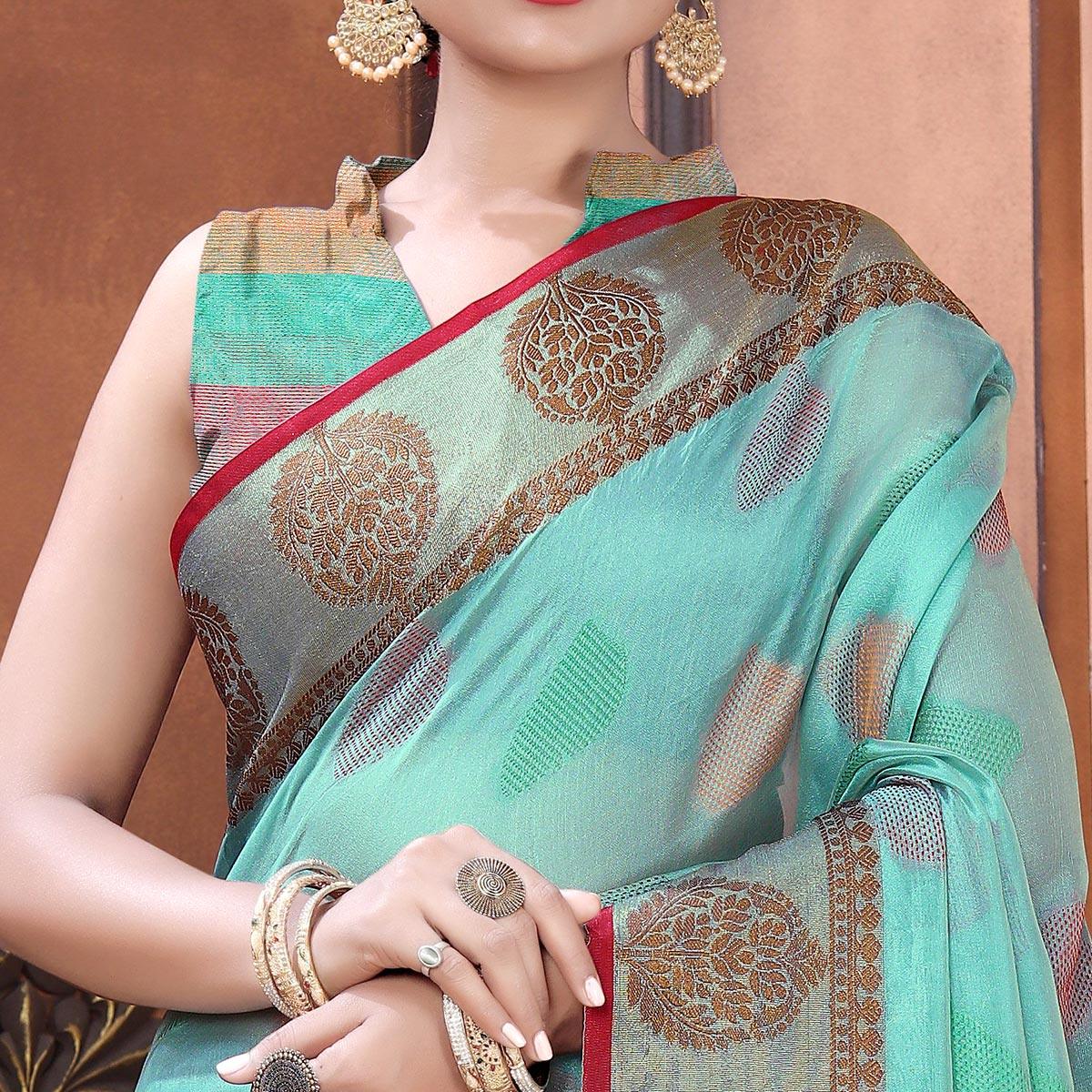 Turquoise Festive Wear Woven Organza Saree - Peachmode