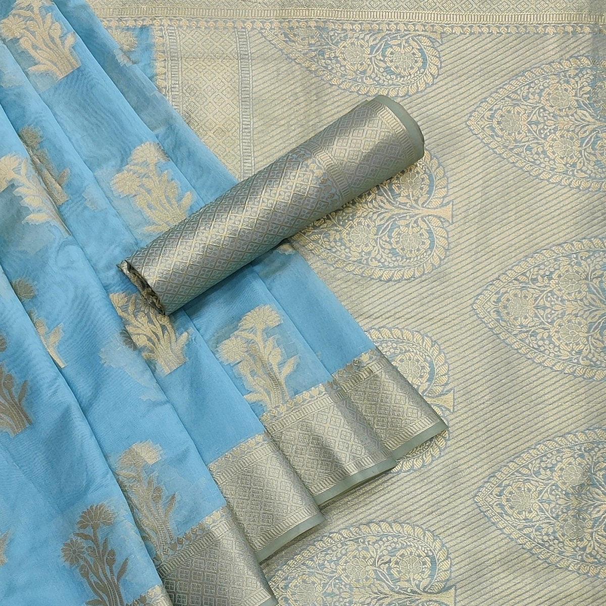 Turquoise Festive Wear Woven Organza Saree - Peachmode