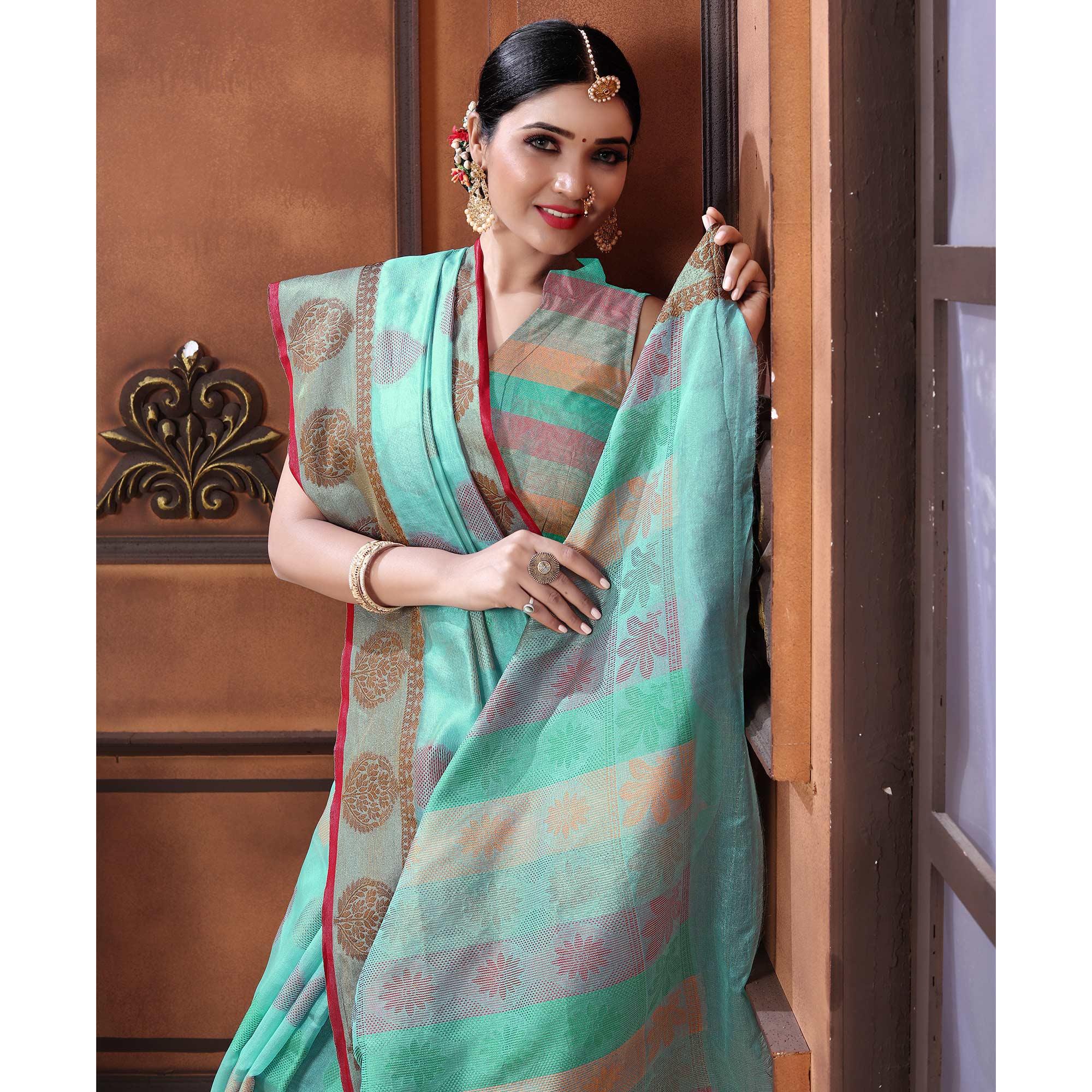 Turquoise Festive Wear Woven Organza Saree - Peachmode
