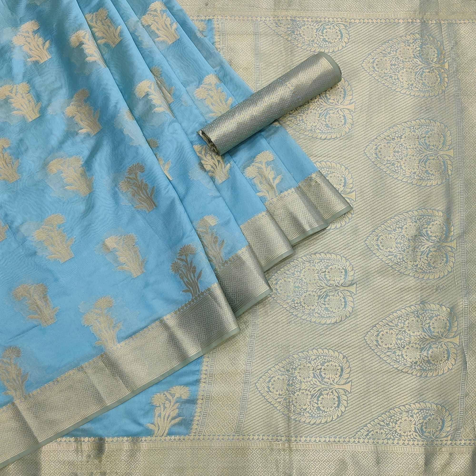 Turquoise Festive Wear Woven Organza Saree - Peachmode