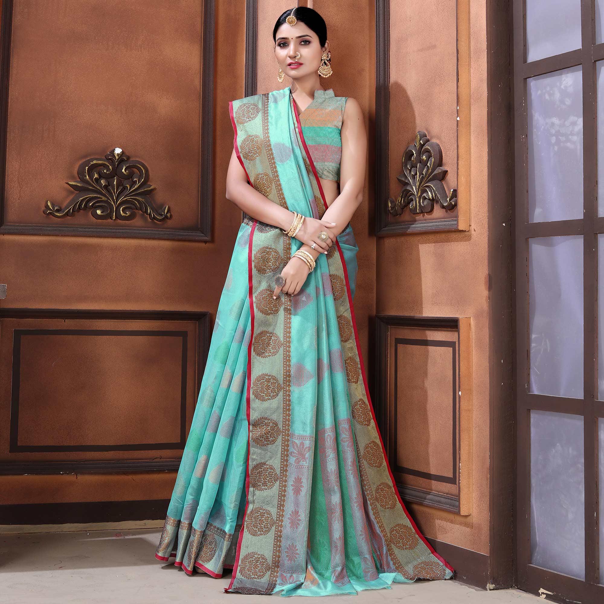Turquoise Festive Wear Woven Organza Saree - Peachmode
