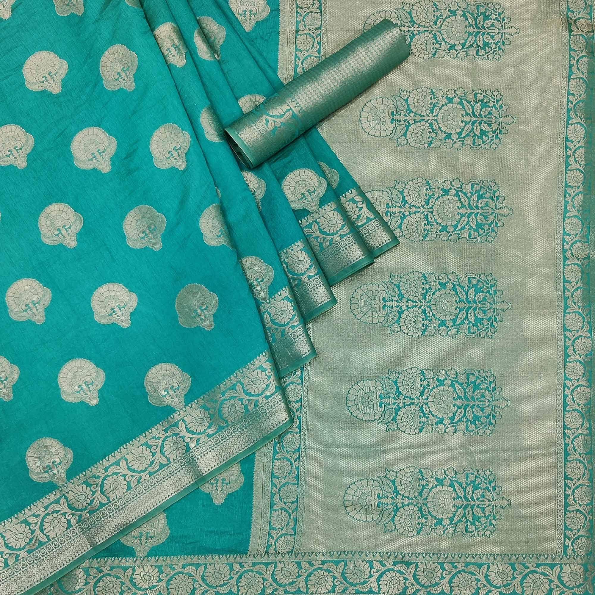 Turquoise Festive Wear Woven Raw Silk Saree - Peachmode