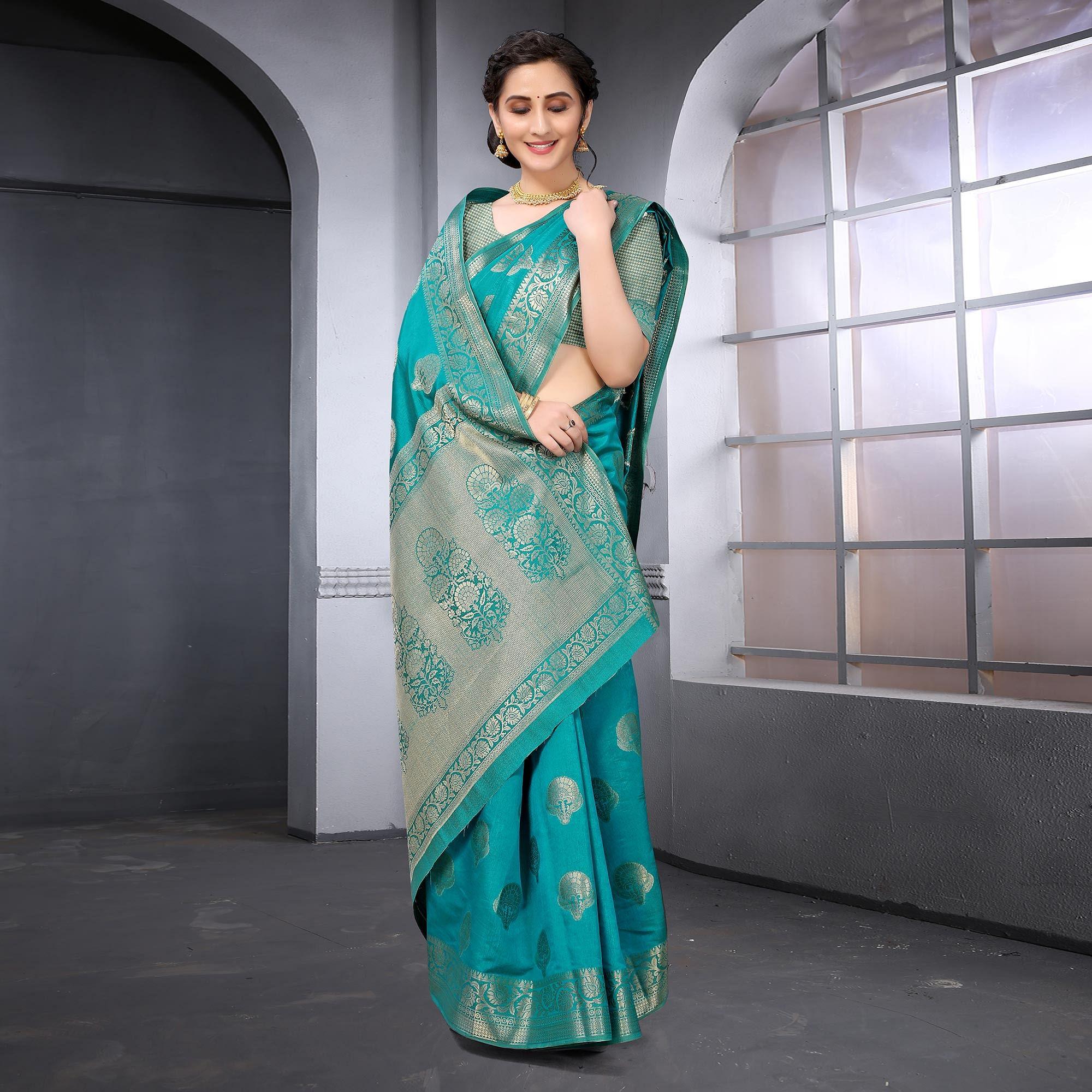 Turquoise Festive Wear Woven Raw Silk Saree - Peachmode