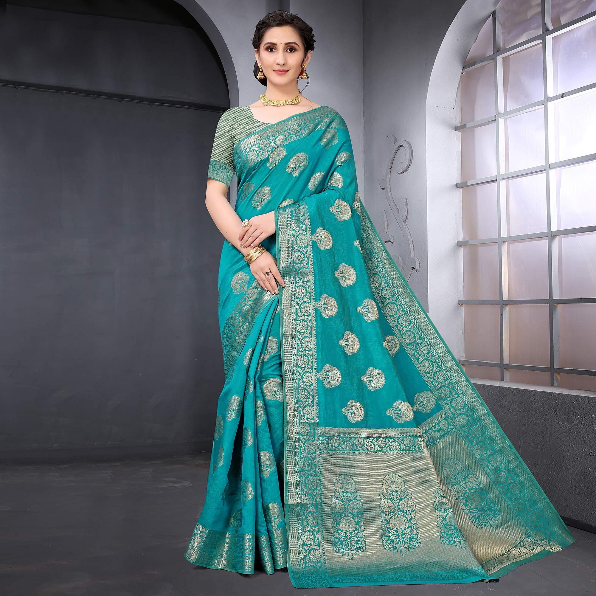 Turquoise Festive Wear Woven Raw Silk Saree - Peachmode