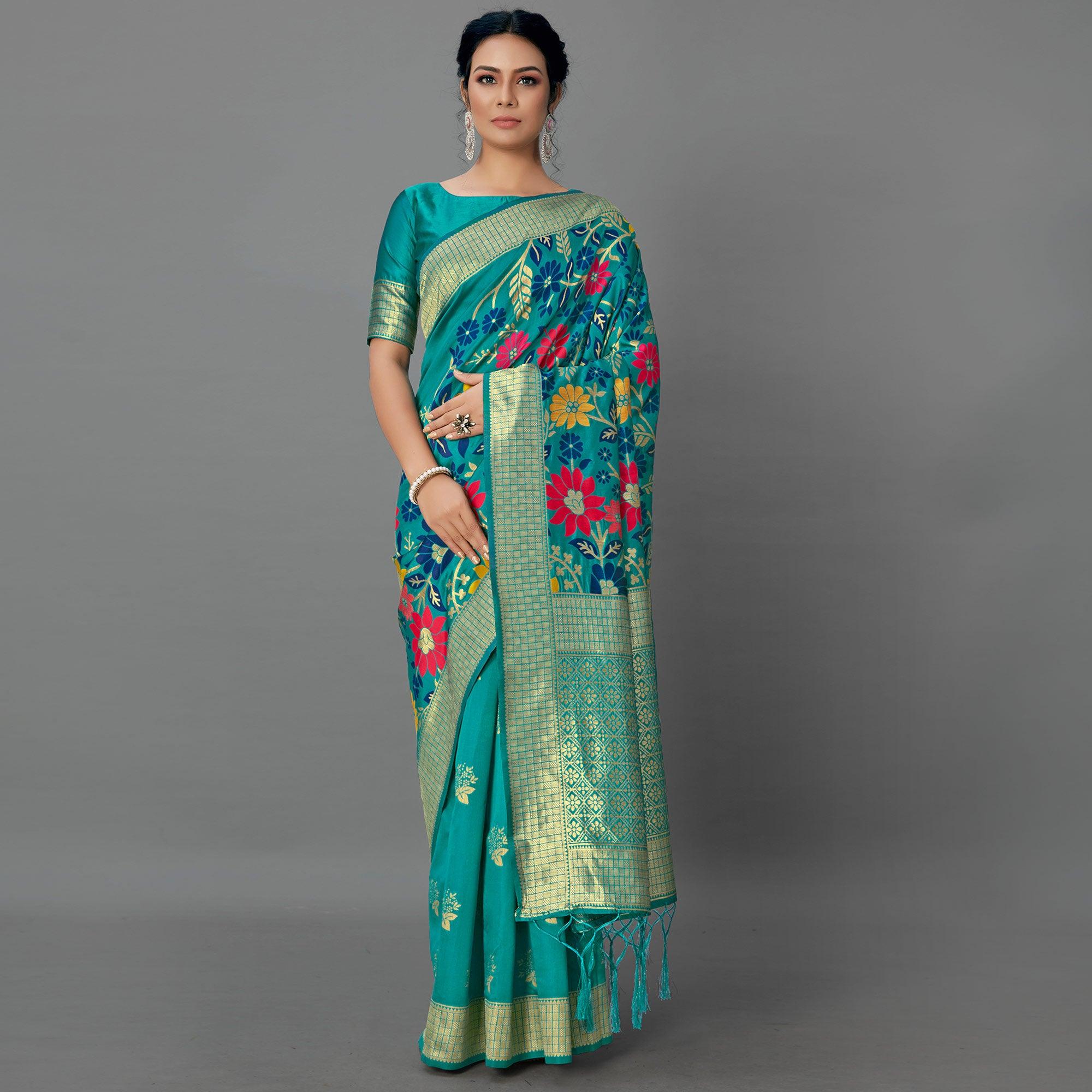 Turquoise Festive Wear Woven Silk Blend
Saree - Peachmode