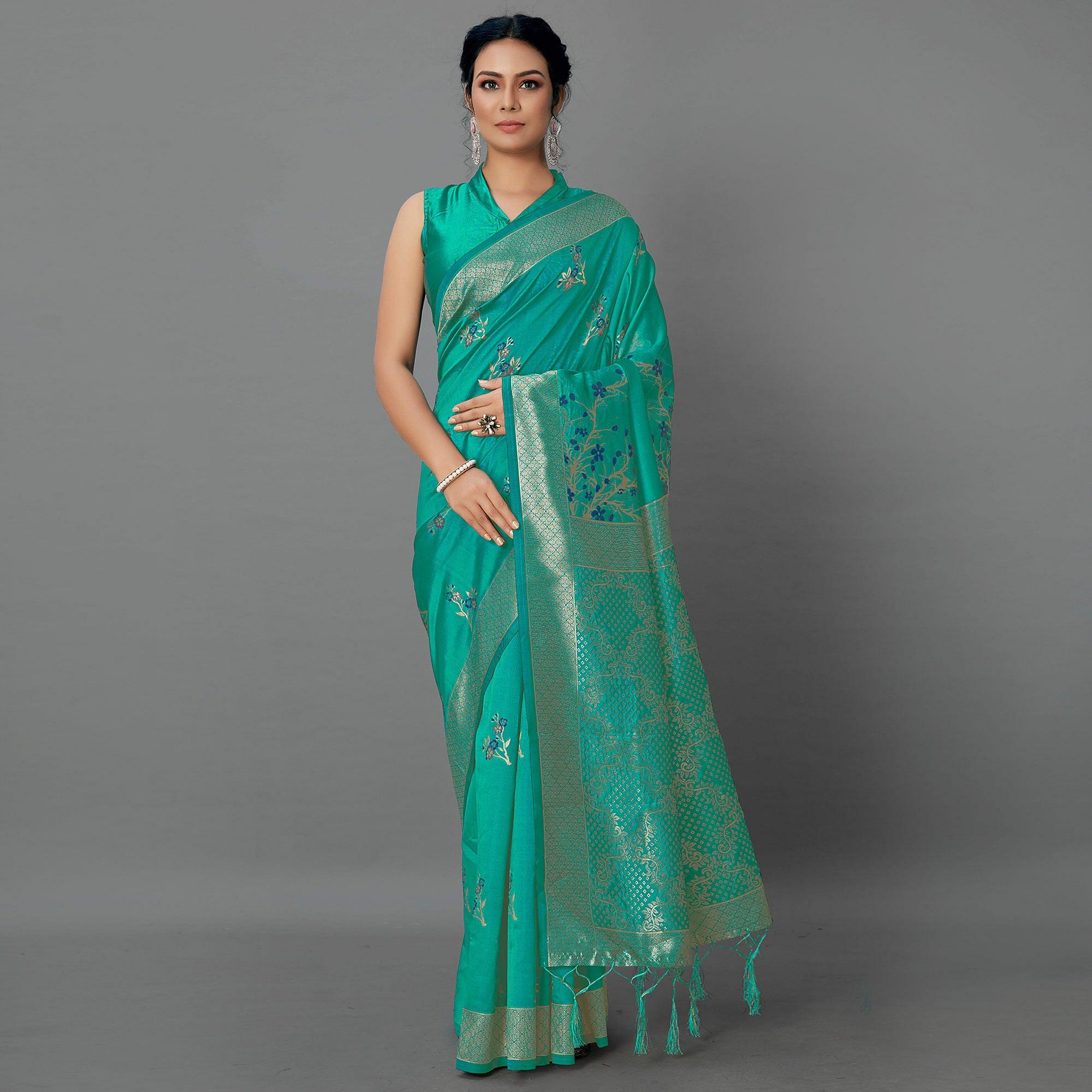 Turquoise Festive Wear Woven Silk Blend Saree - Peachmode