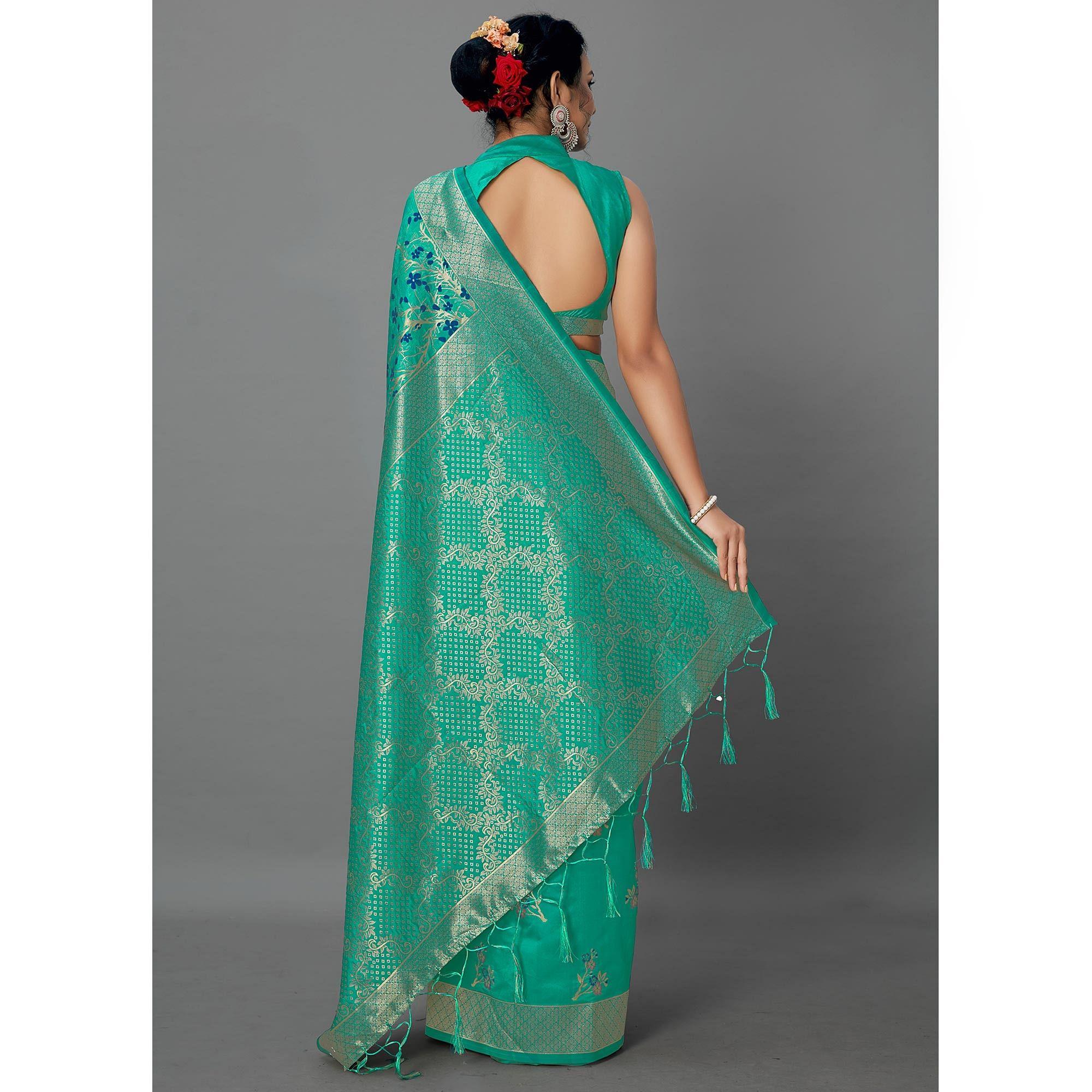 Turquoise Festive Wear Woven Silk Blend Saree - Peachmode