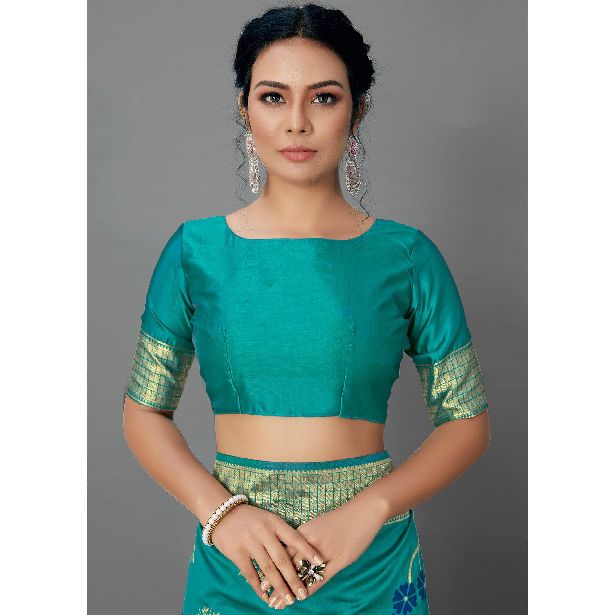Turquoise Festive Wear Woven Silk Blend
Saree - Peachmode