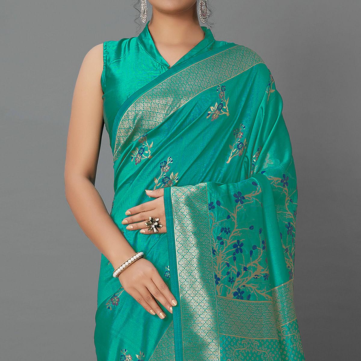 Turquoise Festive Wear Woven Silk Blend Saree - Peachmode