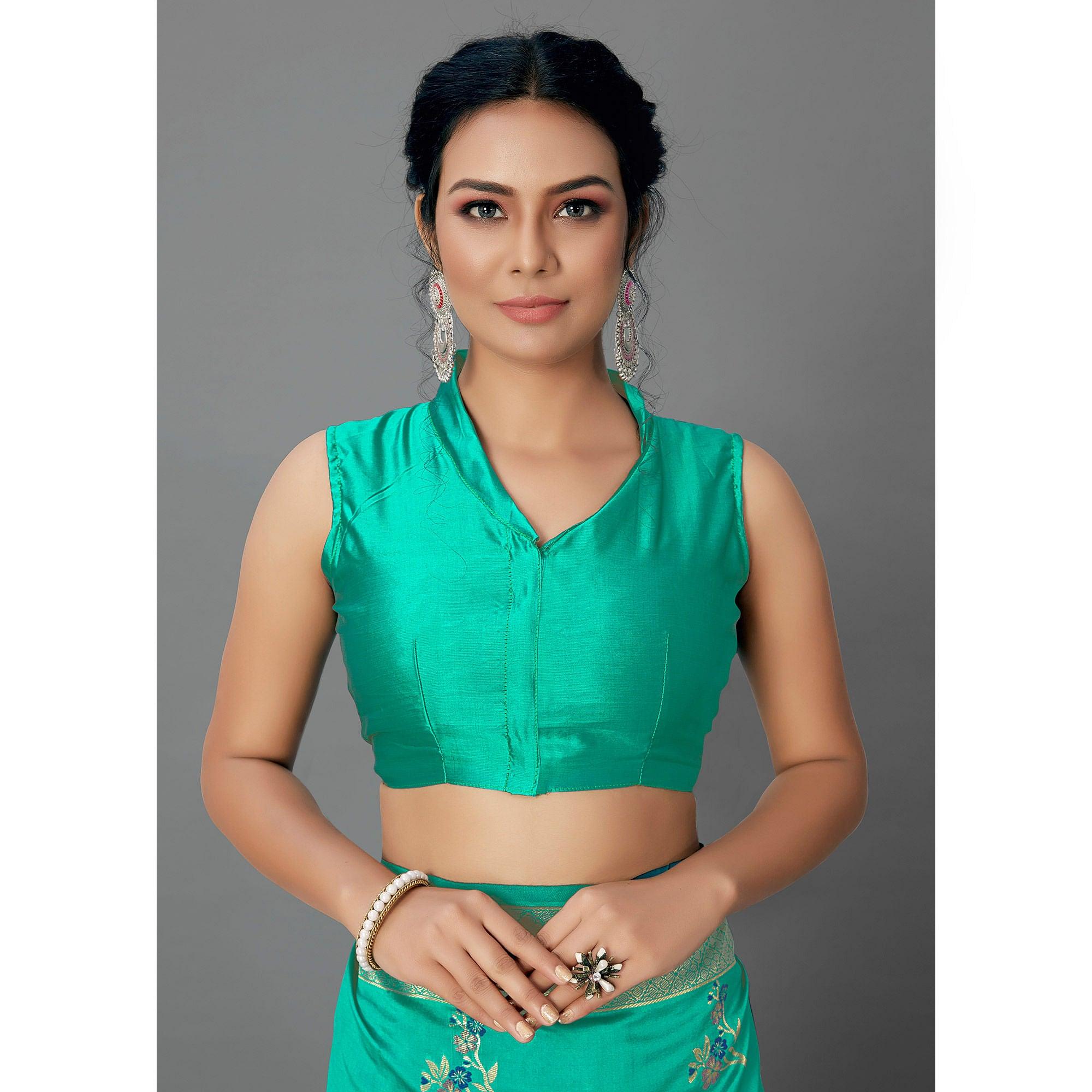 Turquoise Festive Wear Woven Silk Blend Saree - Peachmode