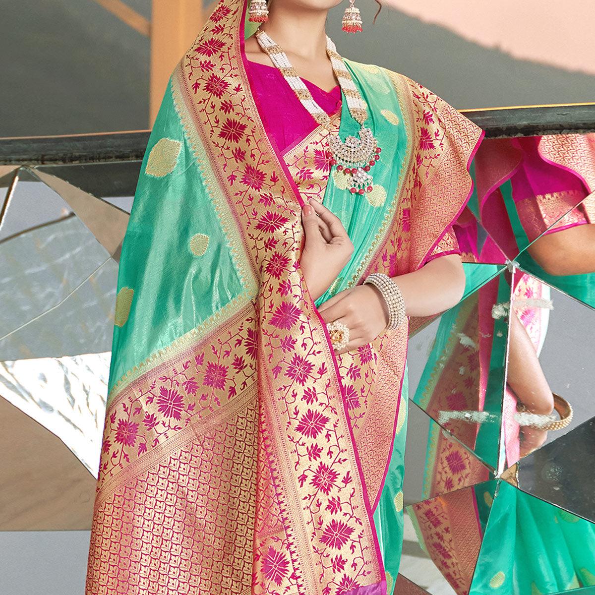 Turquoise Festive Wear Woven Silk Organza Saree - Peachmode