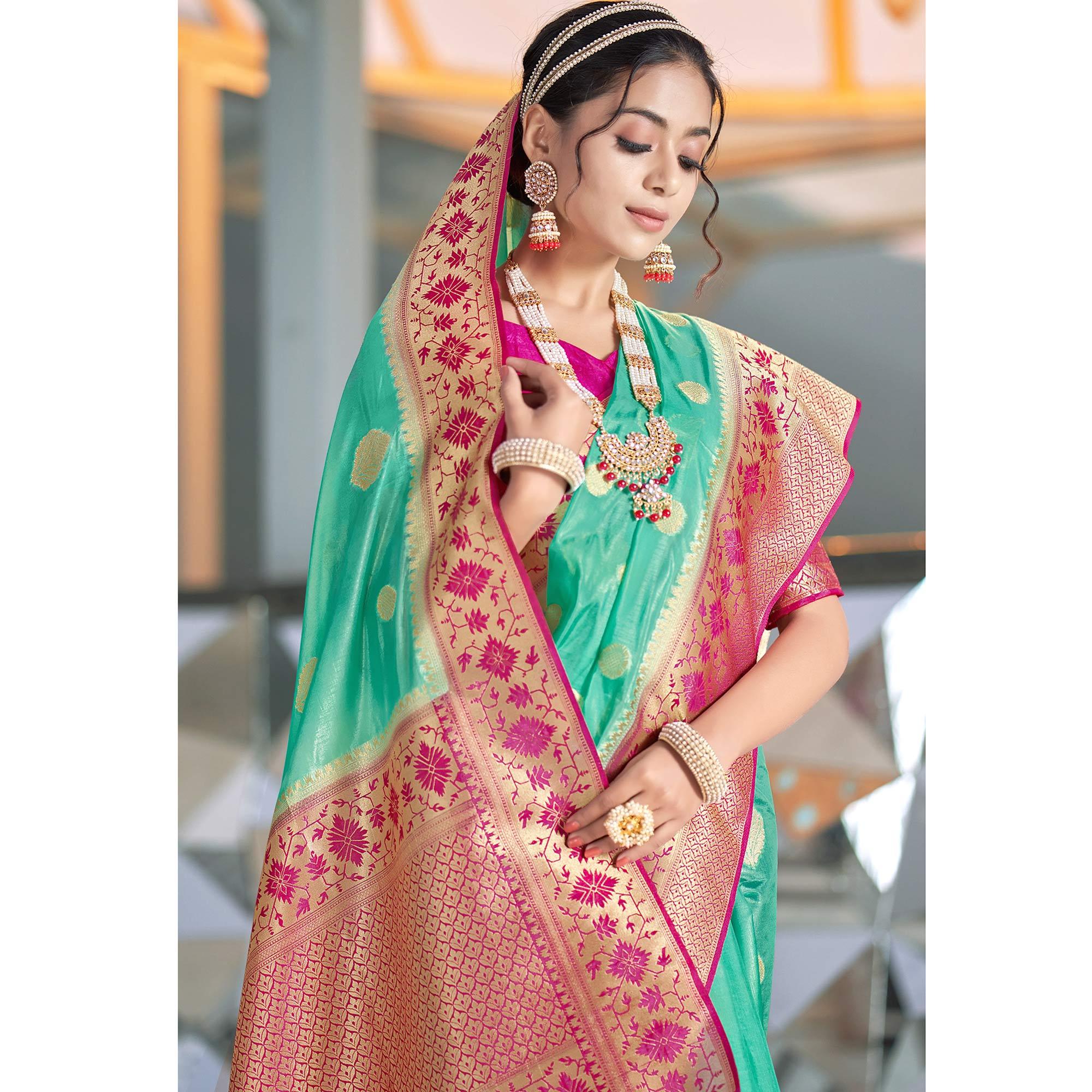 Turquoise Festive Wear Woven Silk Organza Saree - Peachmode
