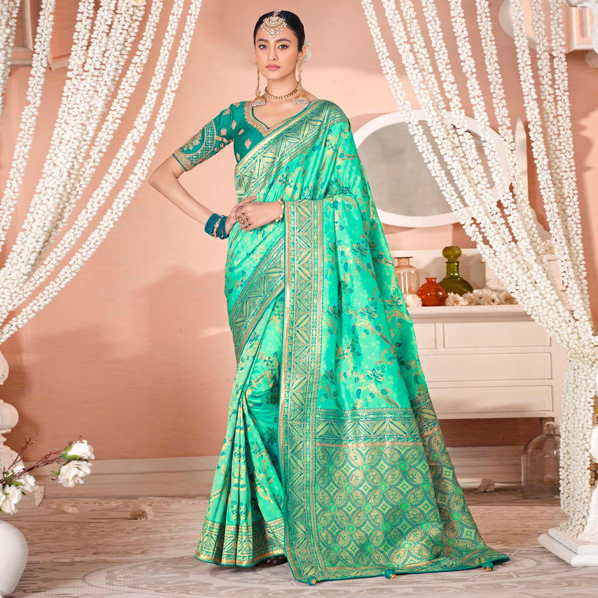 Turquoise Festive Wear Woven Silk Saree - Peachmode