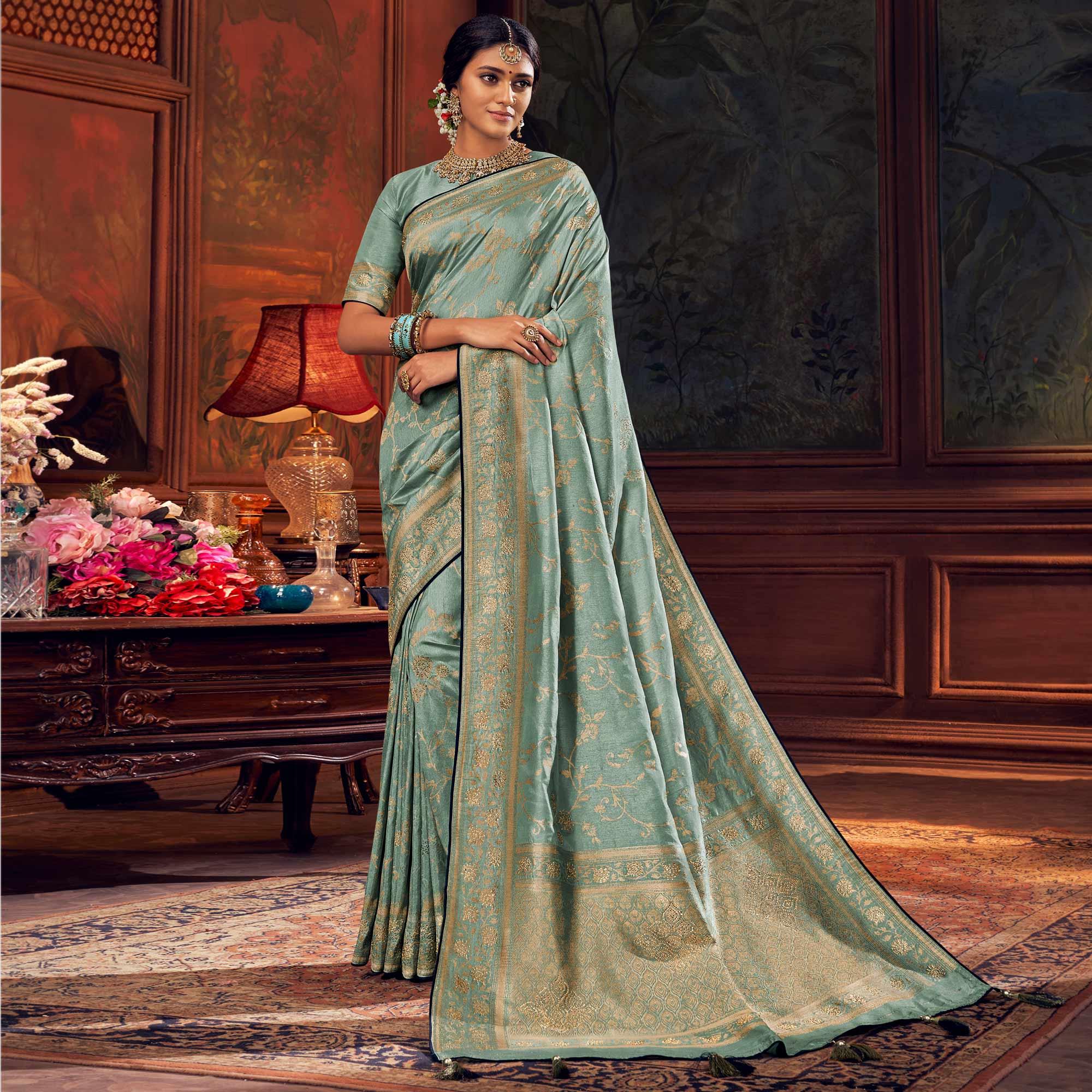 Turquoise Festive Wear Woven Silk Saree - Peachmode