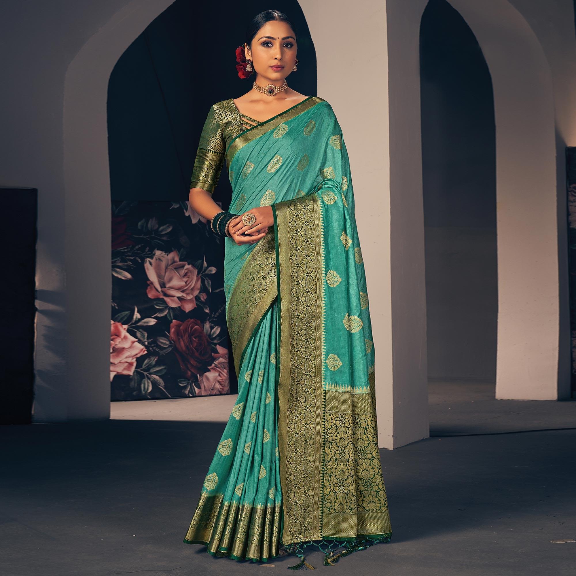 Turquoise Festive Wear Woven Silk Saree - Peachmode