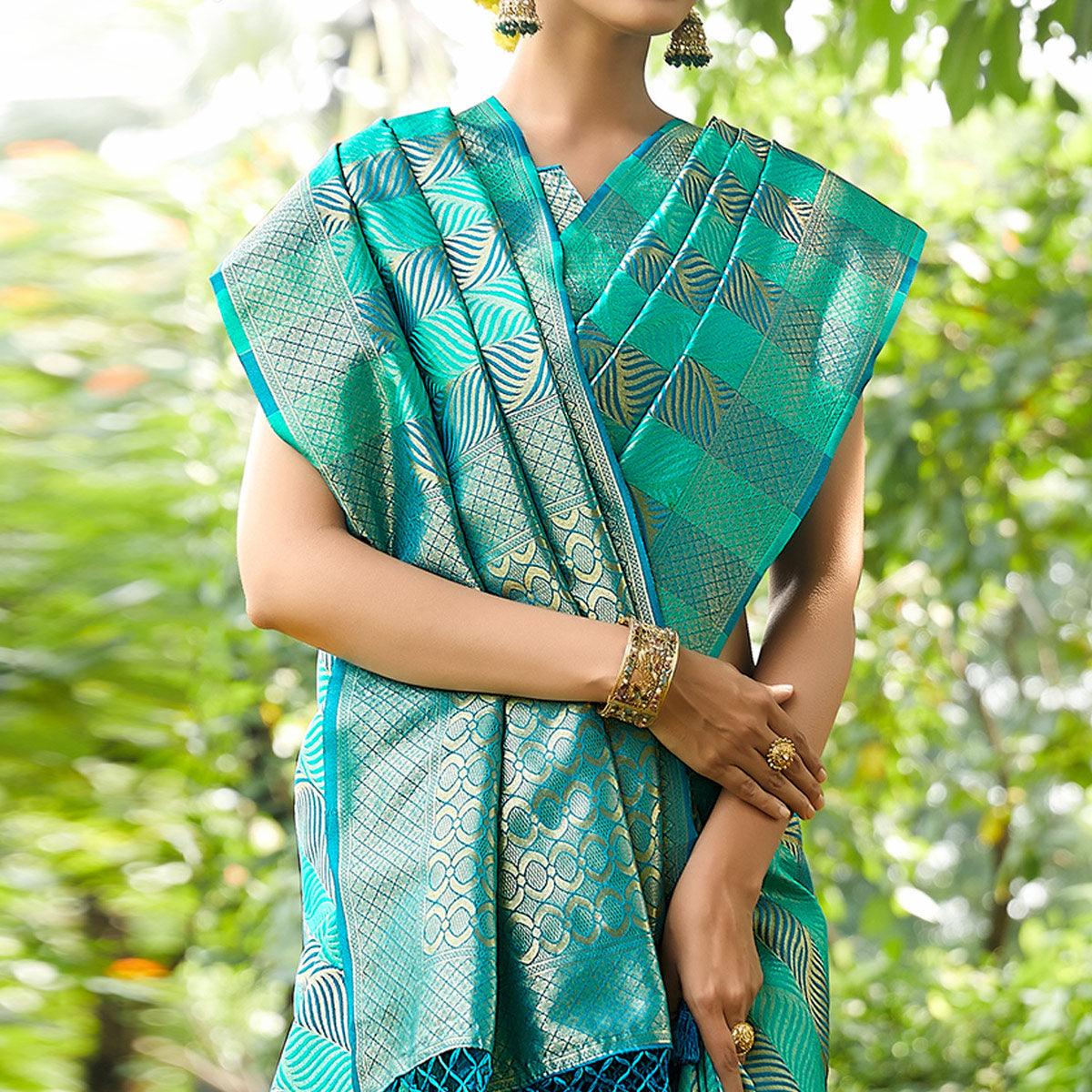 Turquoise Festive Wear Woven Silk Saree - Peachmode