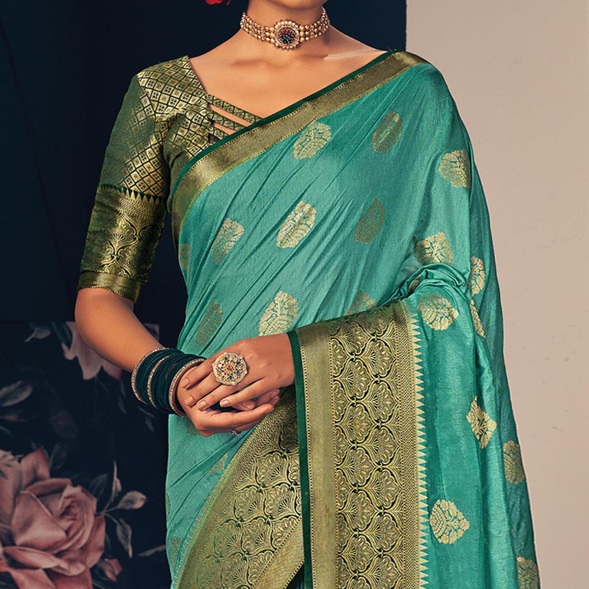 Turquoise Festive Wear Woven Silk Saree - Peachmode