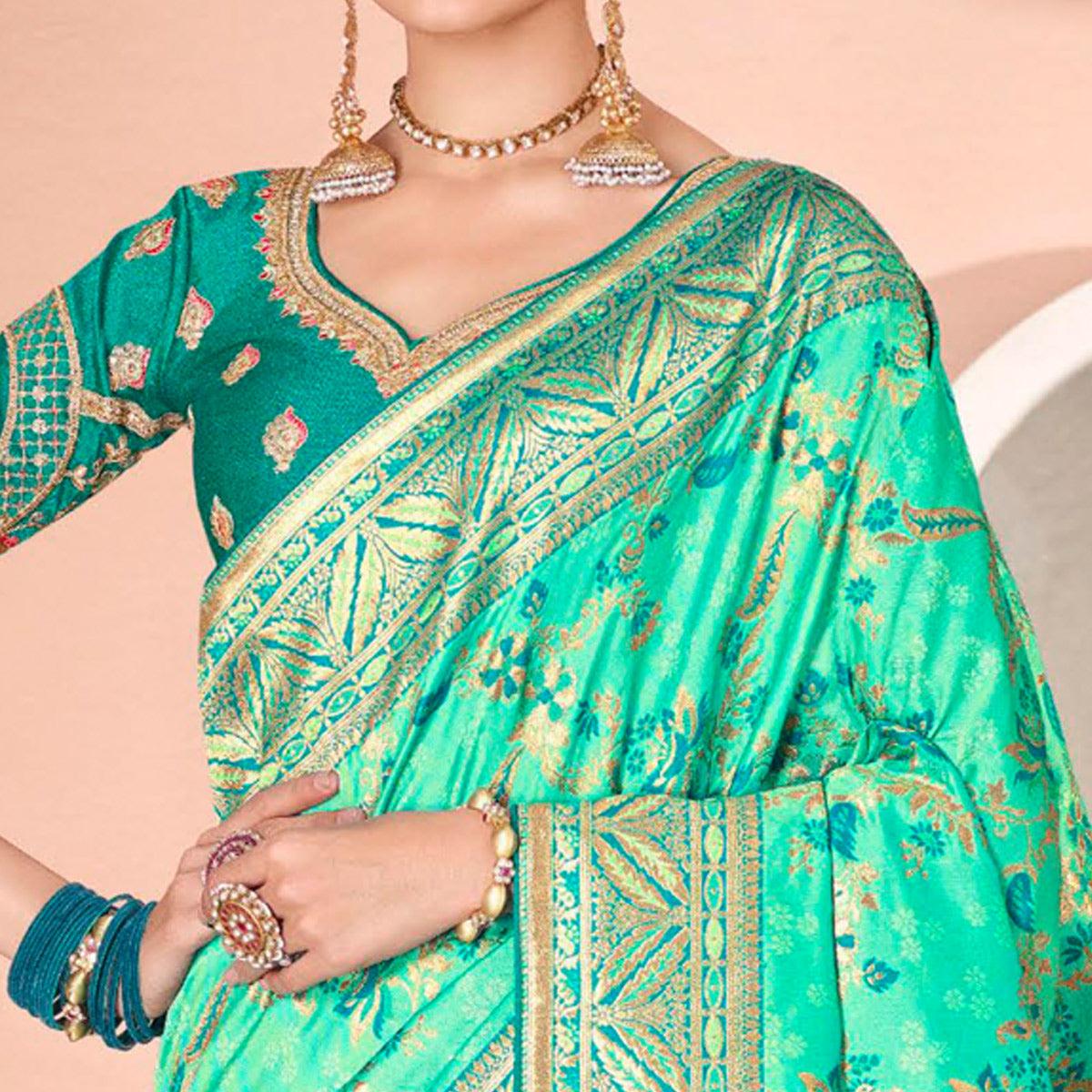 Turquoise Festive Wear Woven Silk Saree - Peachmode