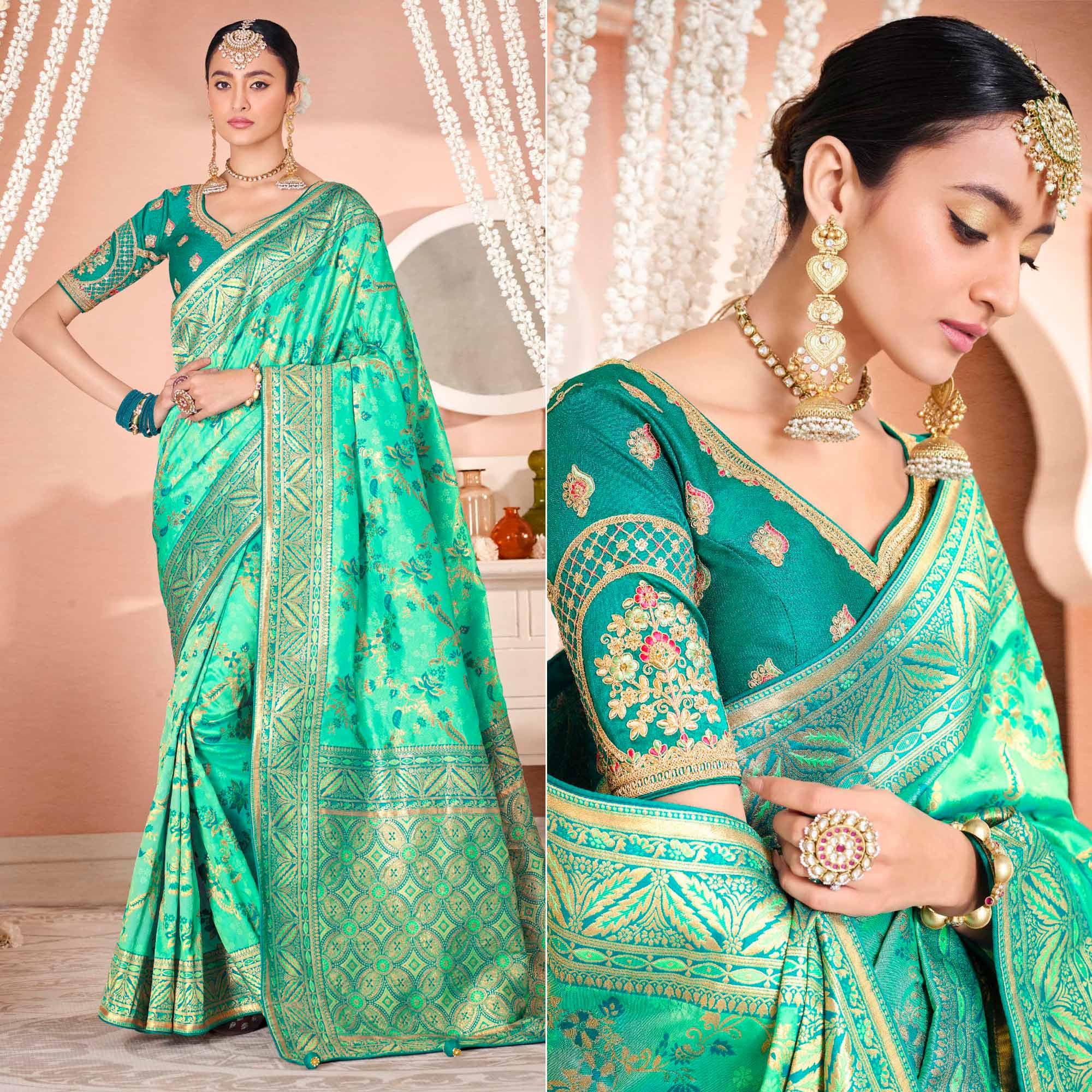 Turquoise Festive Wear Woven Silk Saree - Peachmode