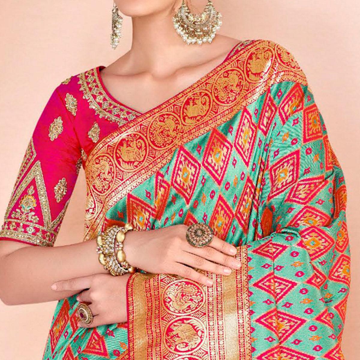 Turquoise Festive Wear Woven Silk Saree - Peachmode