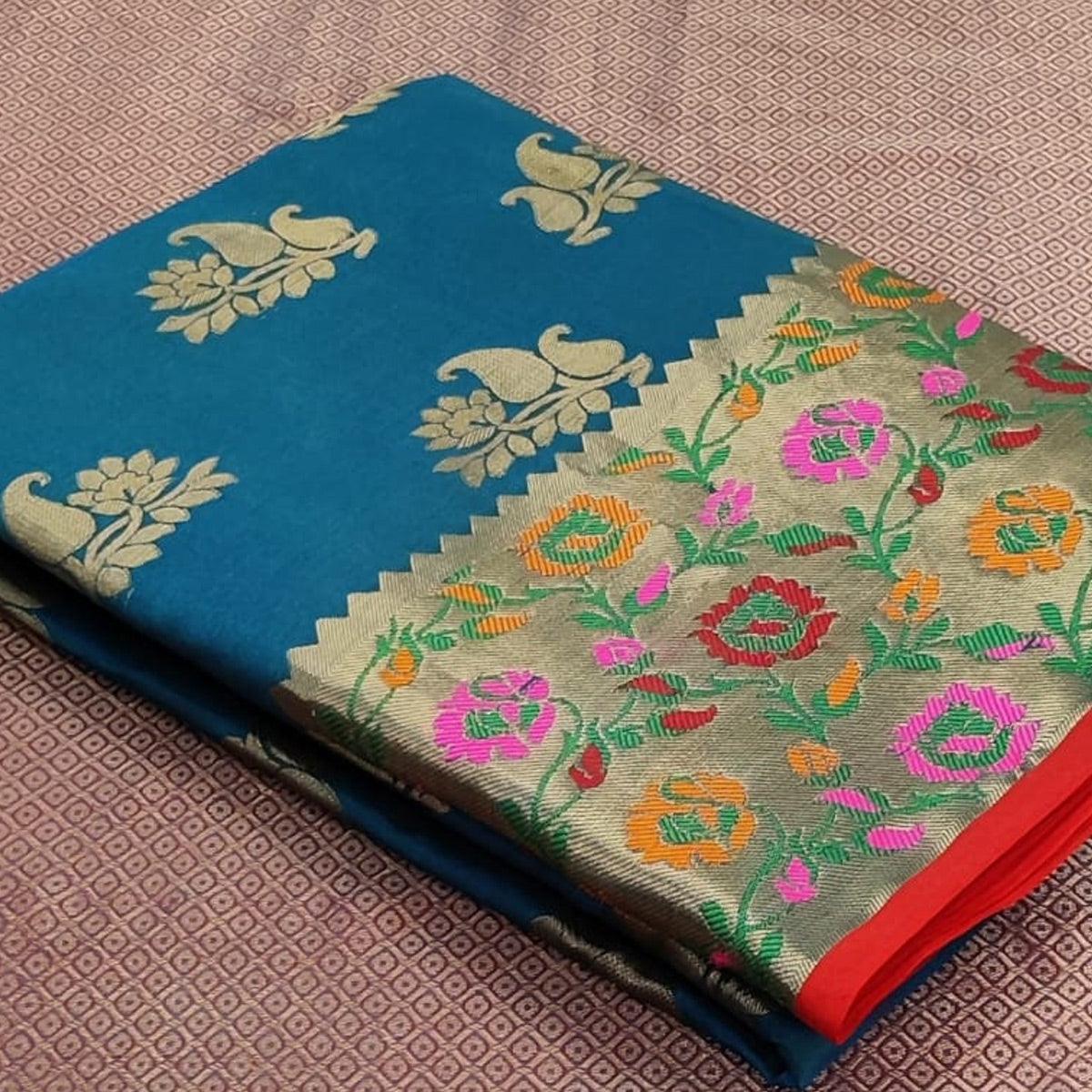 Turquoise Festive Wear Woven Silk Saree With Border - Peachmode