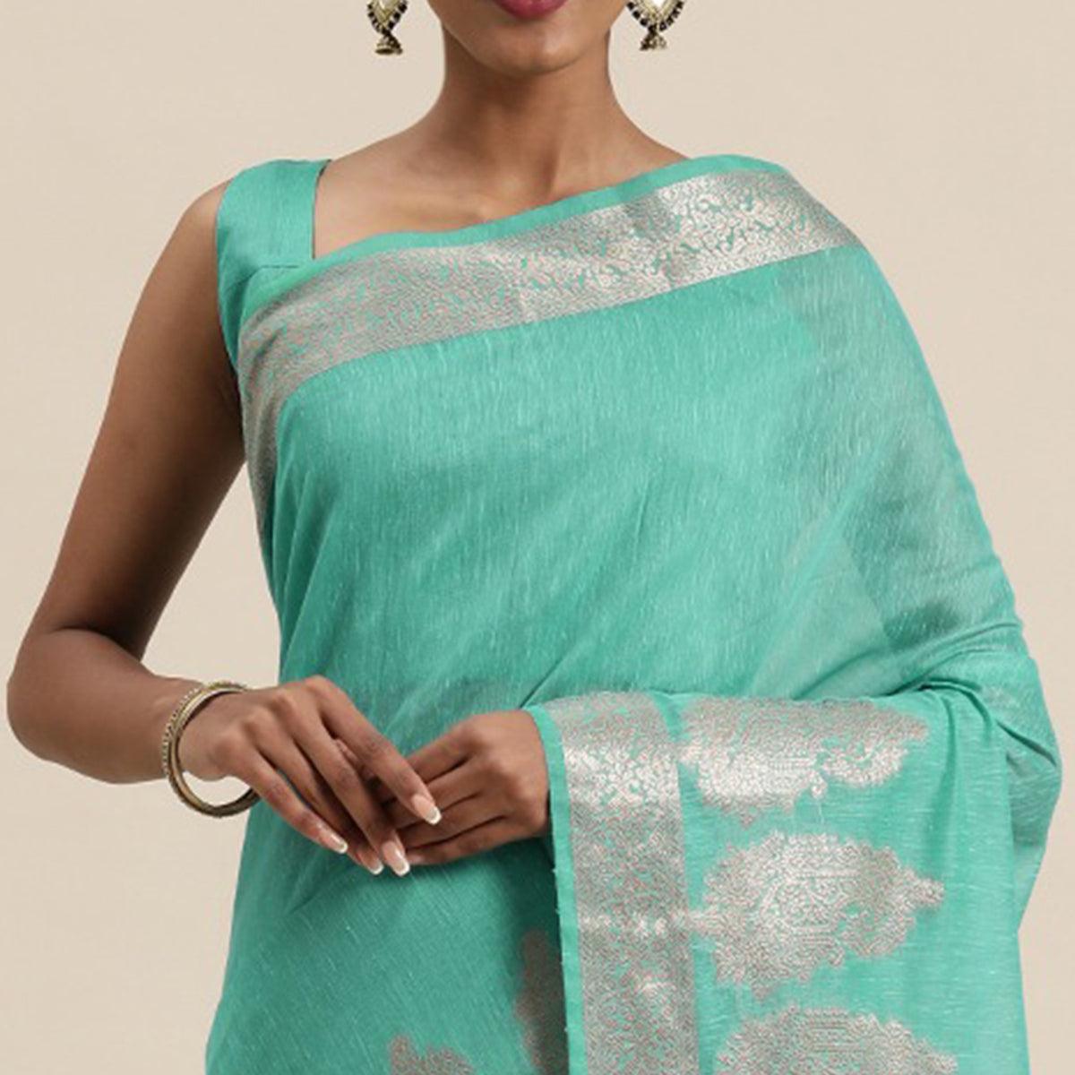 Turquoise Festive Wear Woven Silk Saree With Jacquard Border - Peachmode