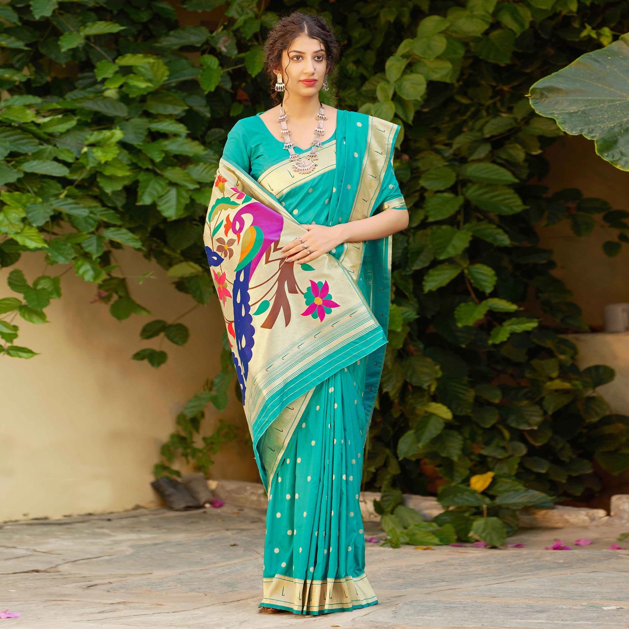 Turquoise Festive Wear Woven Soft Banarasi Silk Saree - Peachmode