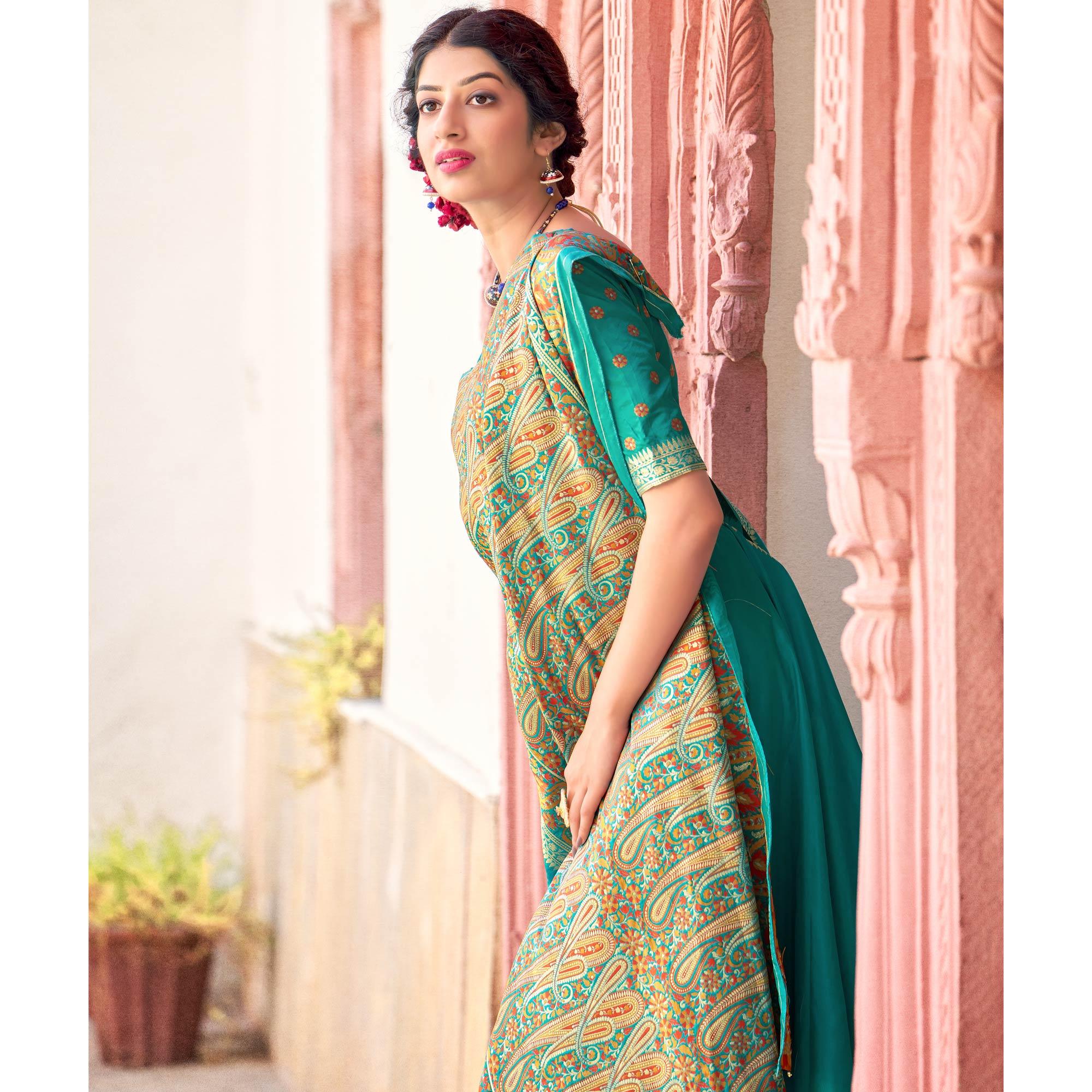 Turquoise Festive Wear Woven Soft Banarasi Silk Saree - Peachmode