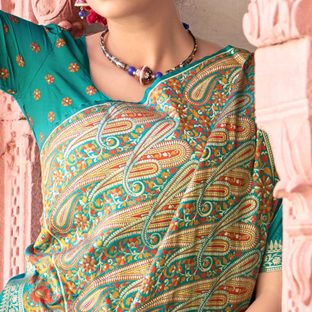 Turquoise Festive Wear Woven Soft Banarasi Silk Saree - Peachmode