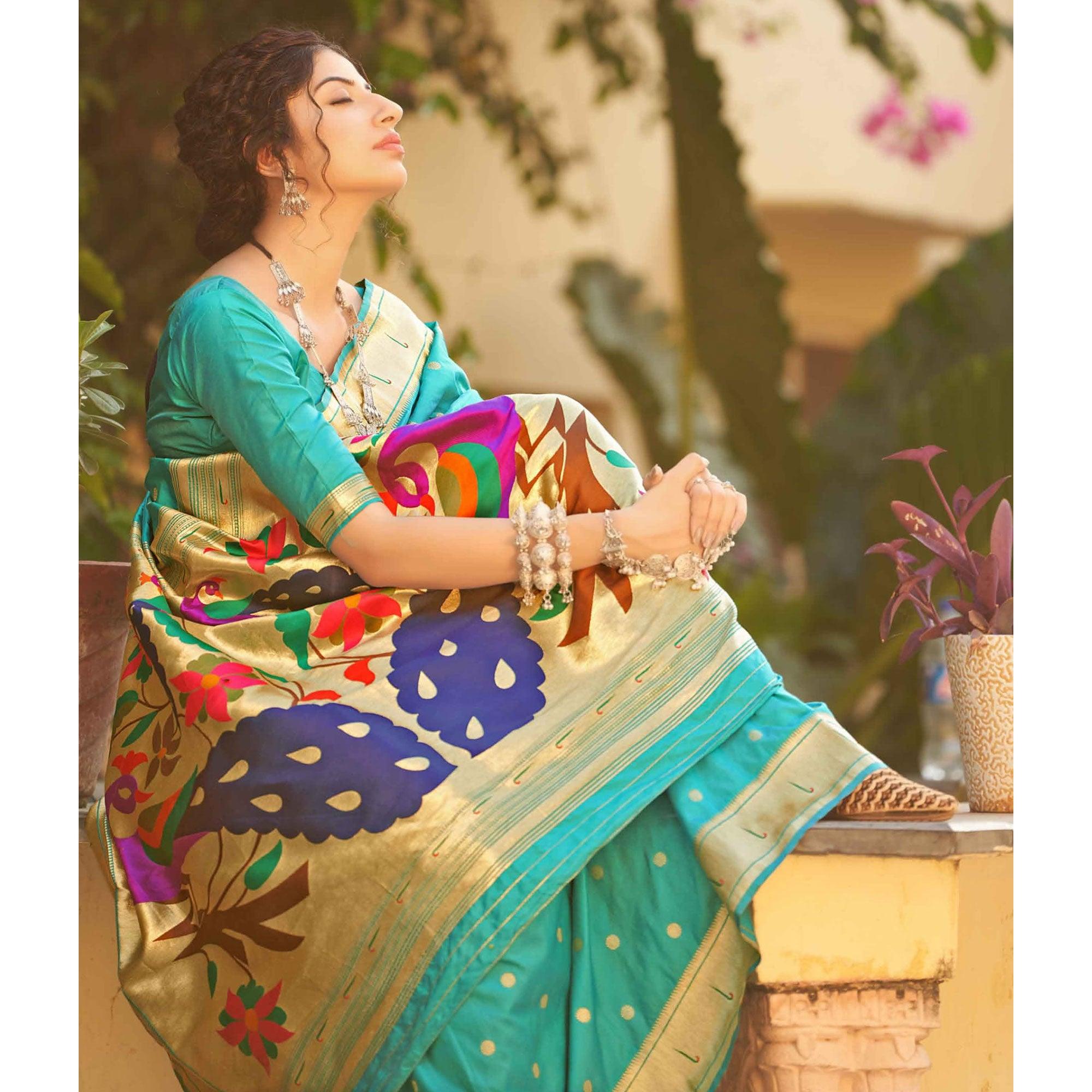 Turquoise Festive Wear Woven Soft Banarasi Silk Saree - Peachmode