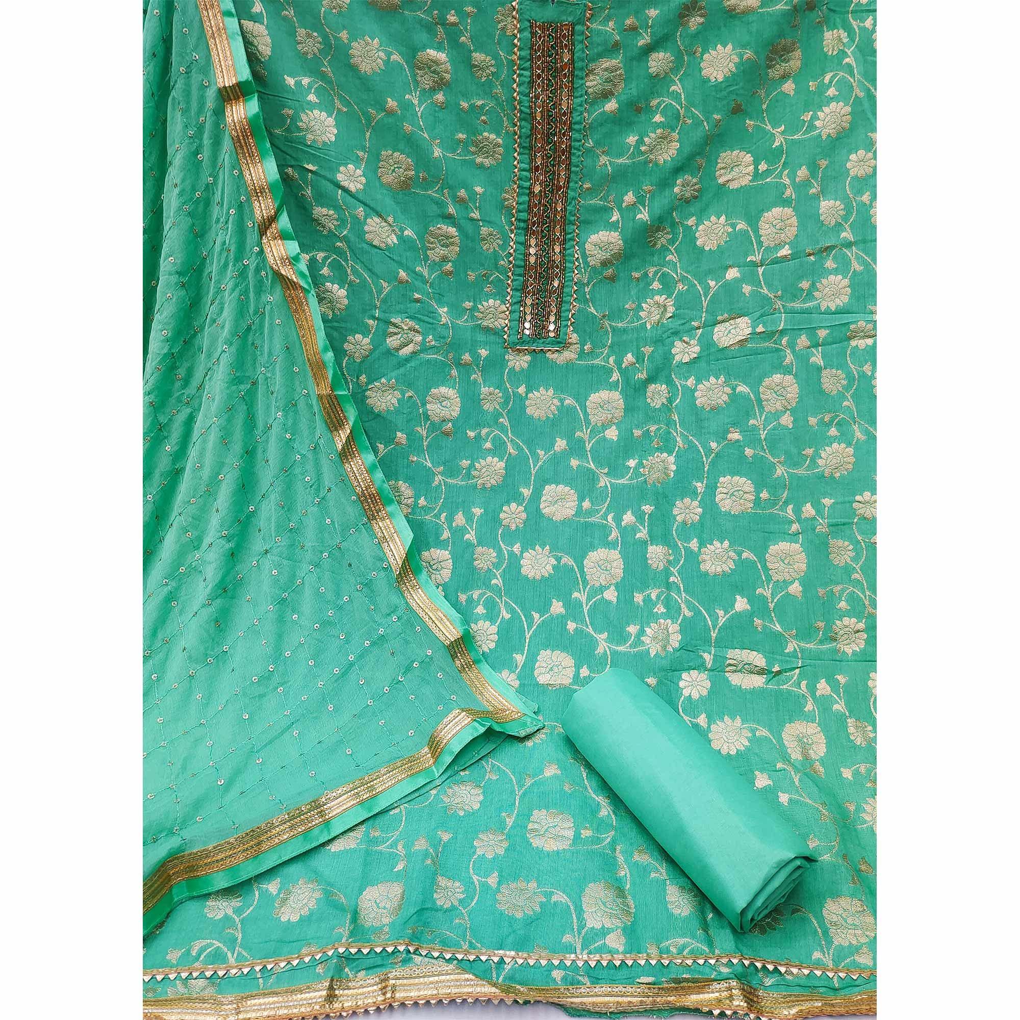 Turquoise Festive Wear Woven With Embellished Jacquard Dress Material - Peachmode