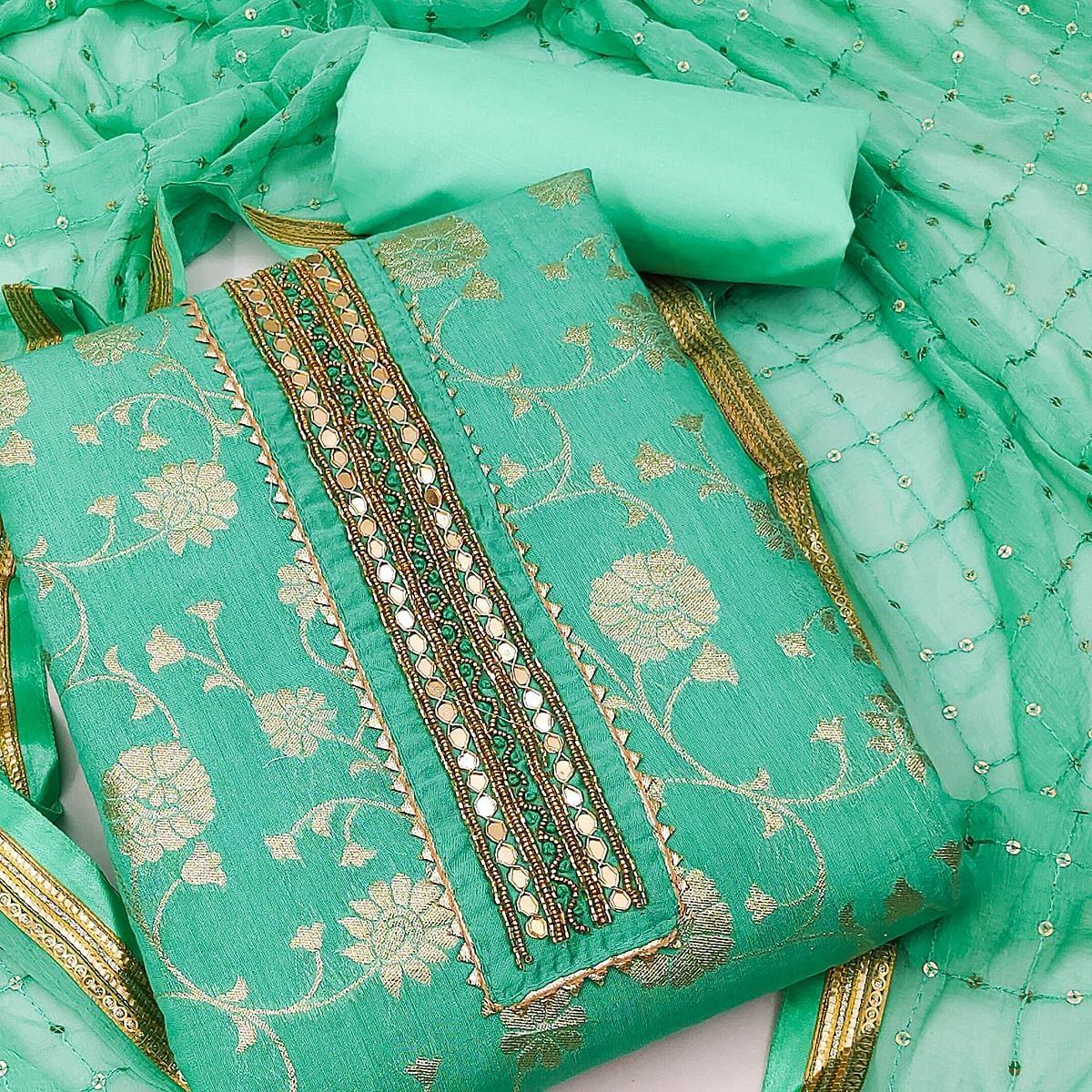 Turquoise Festive Wear Woven With Embellished Jacquard Dress Material - Peachmode