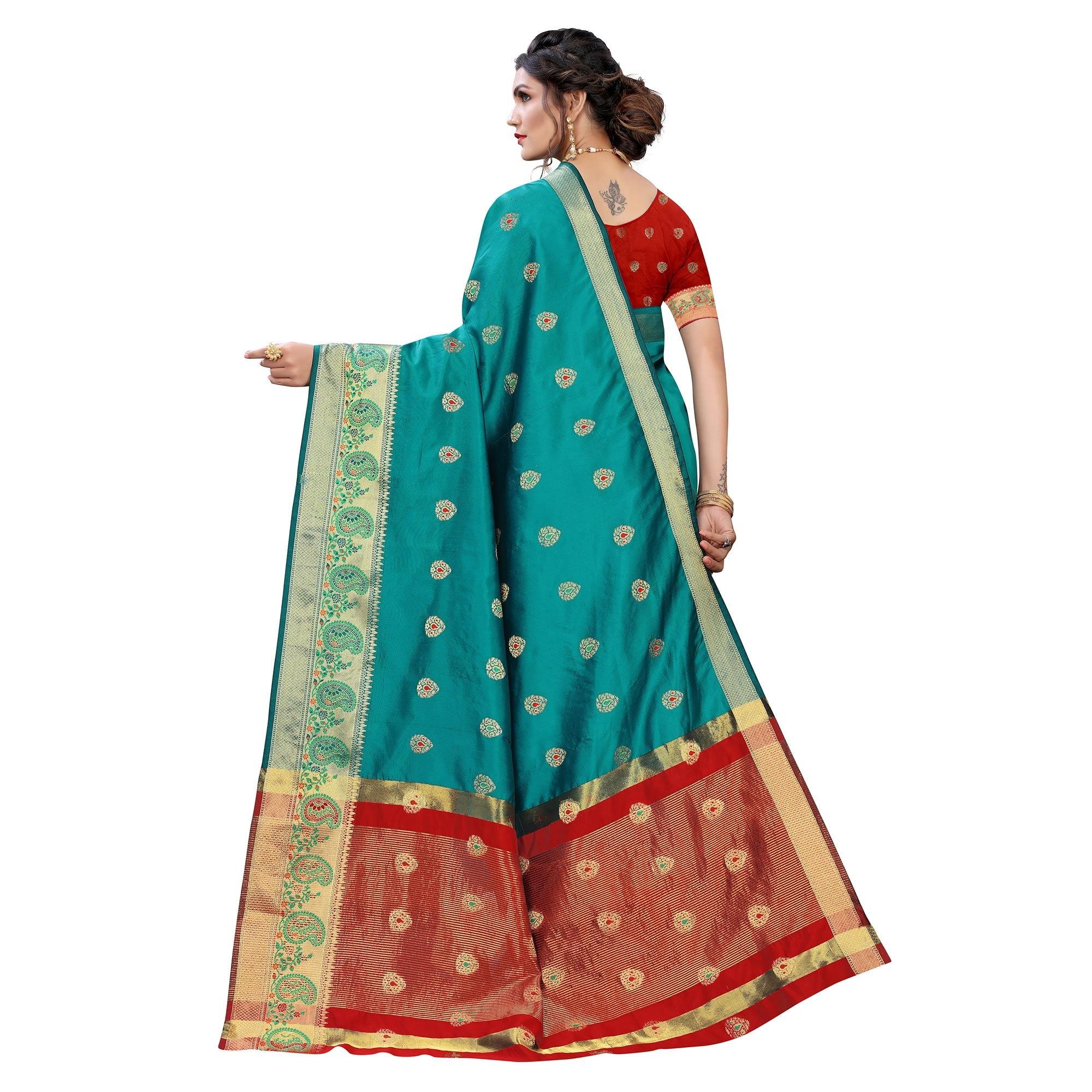 Turquoise Festive Wear Woven With Meena Butta Lining Pallu Soft Silk Saree - Peachmode