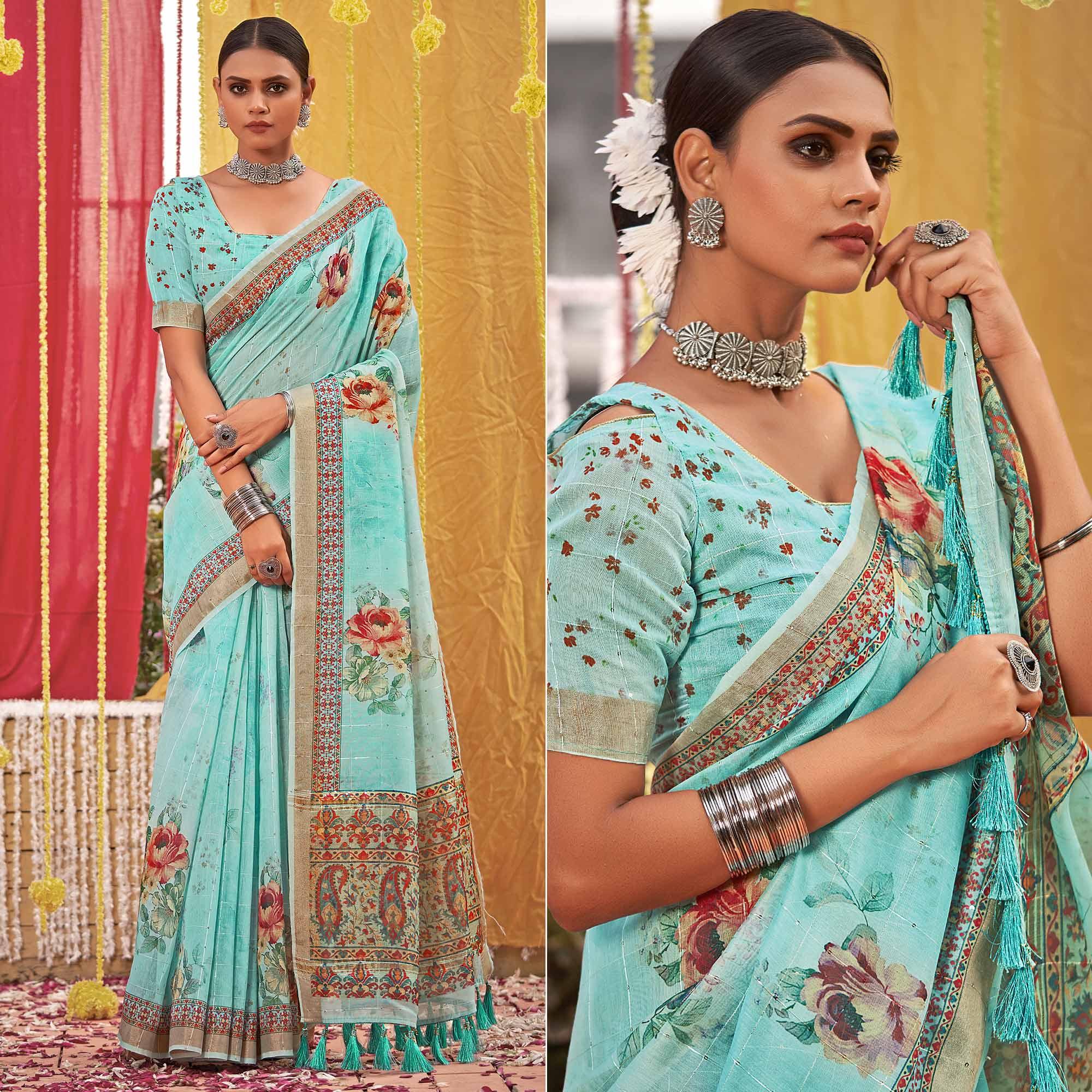 Turquoise Floral Digital Printed Linen Saree With Tassels - Peachmode