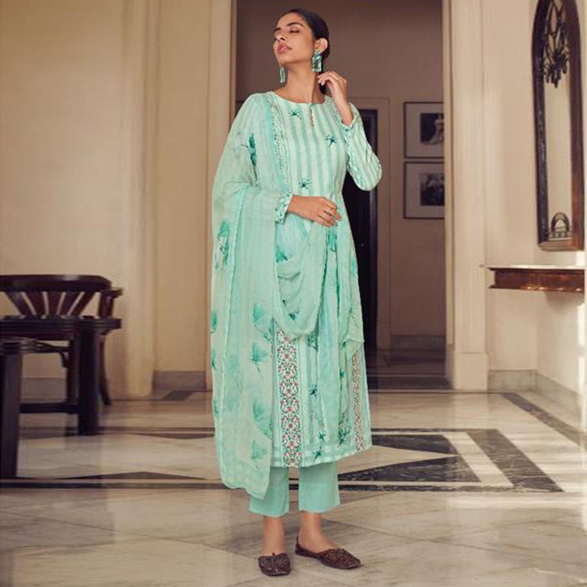 Turquoise Floral Digital Printed With Handwork Cambric Cotton Partywear Suit - Peachmode