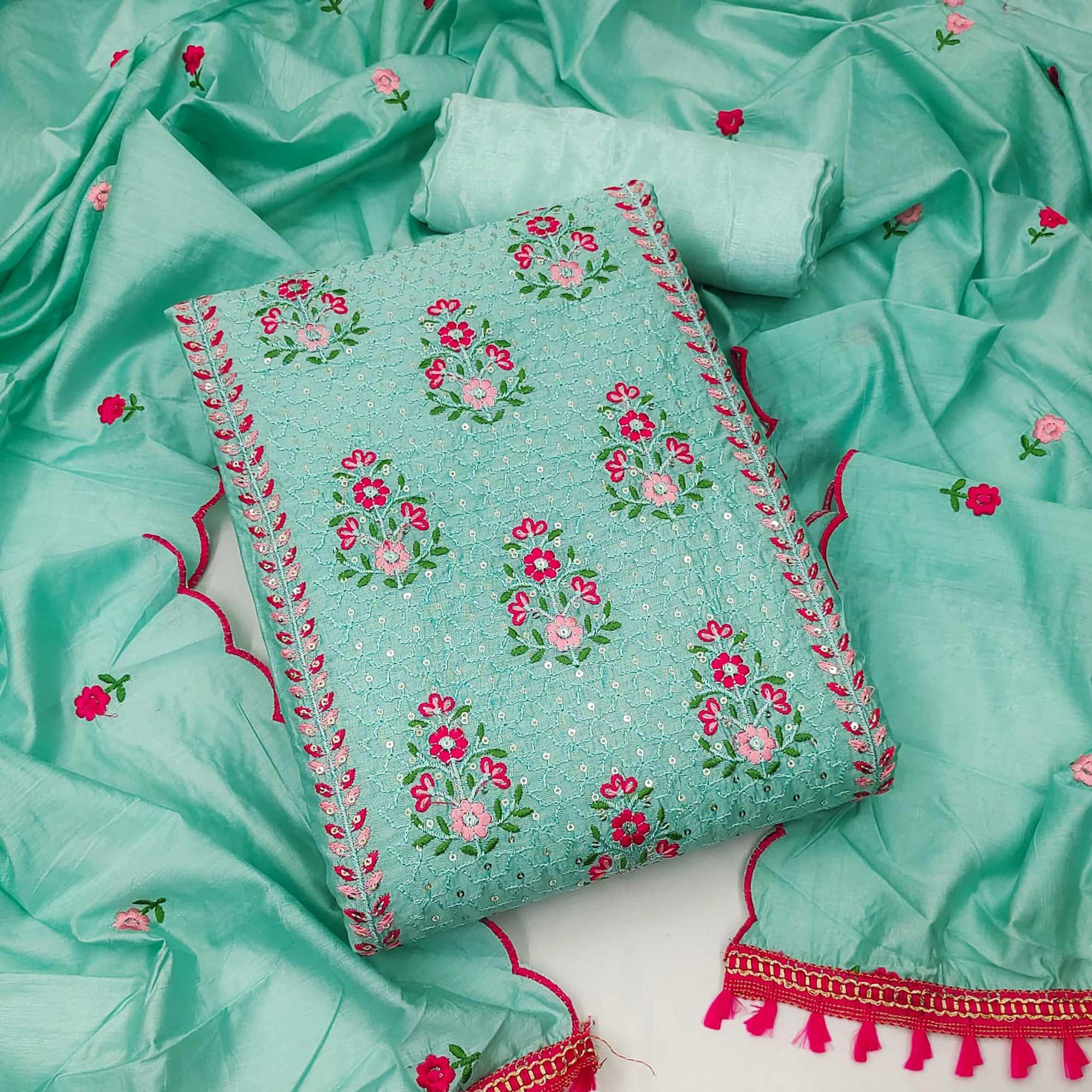 Turquoise Floral Embroidered Chanderi Dress Material - Peachmode