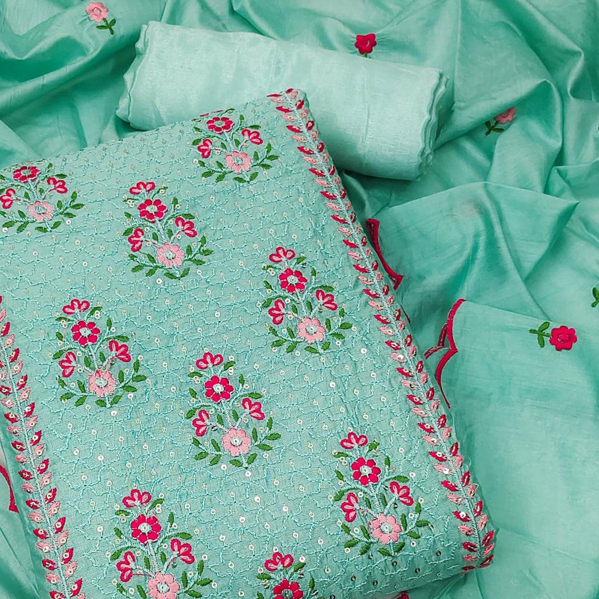 Turquoise Floral Embroidered Chanderi Dress Material - Peachmode