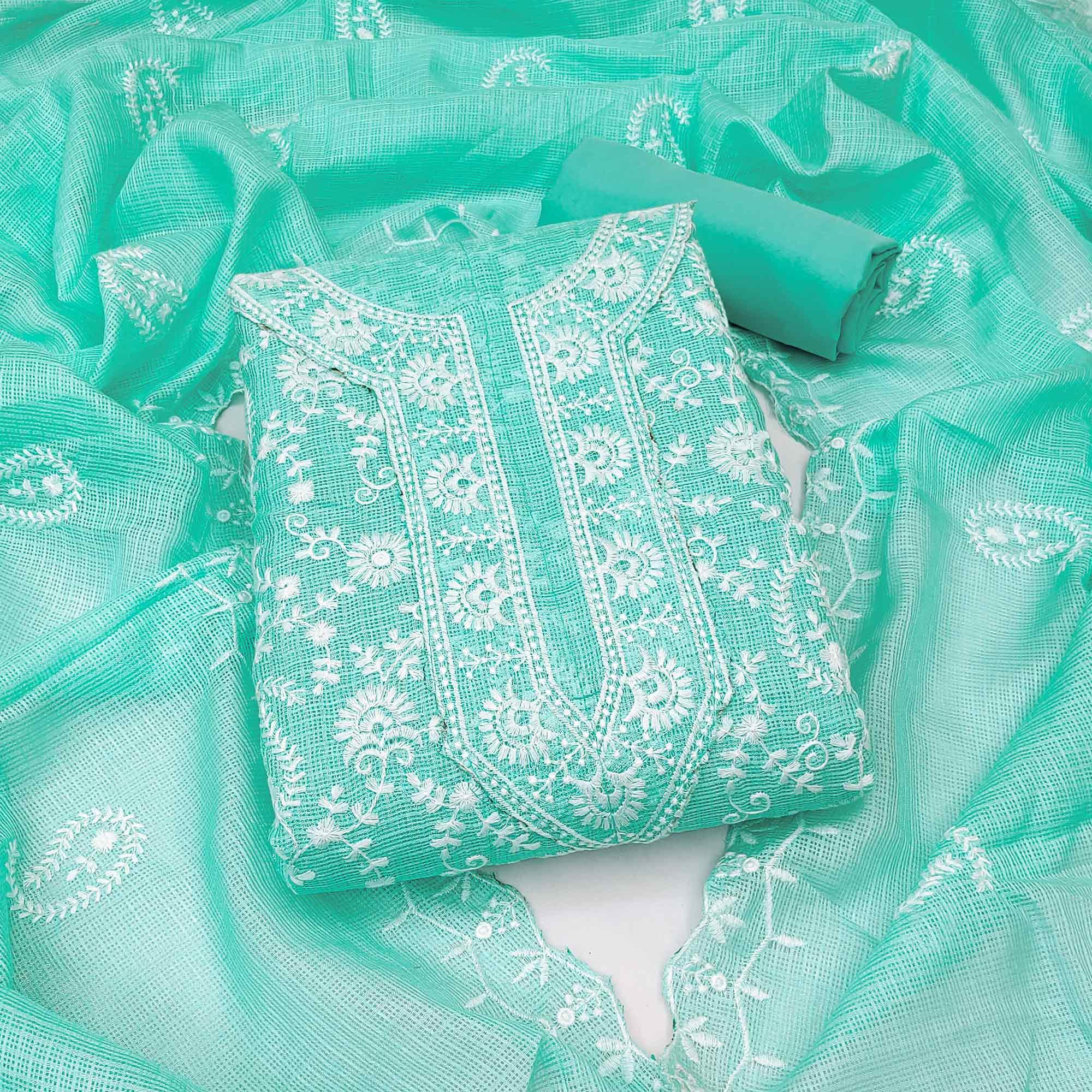 Turquoise Floral Embroidered Cotton Dress Material - Peachmode