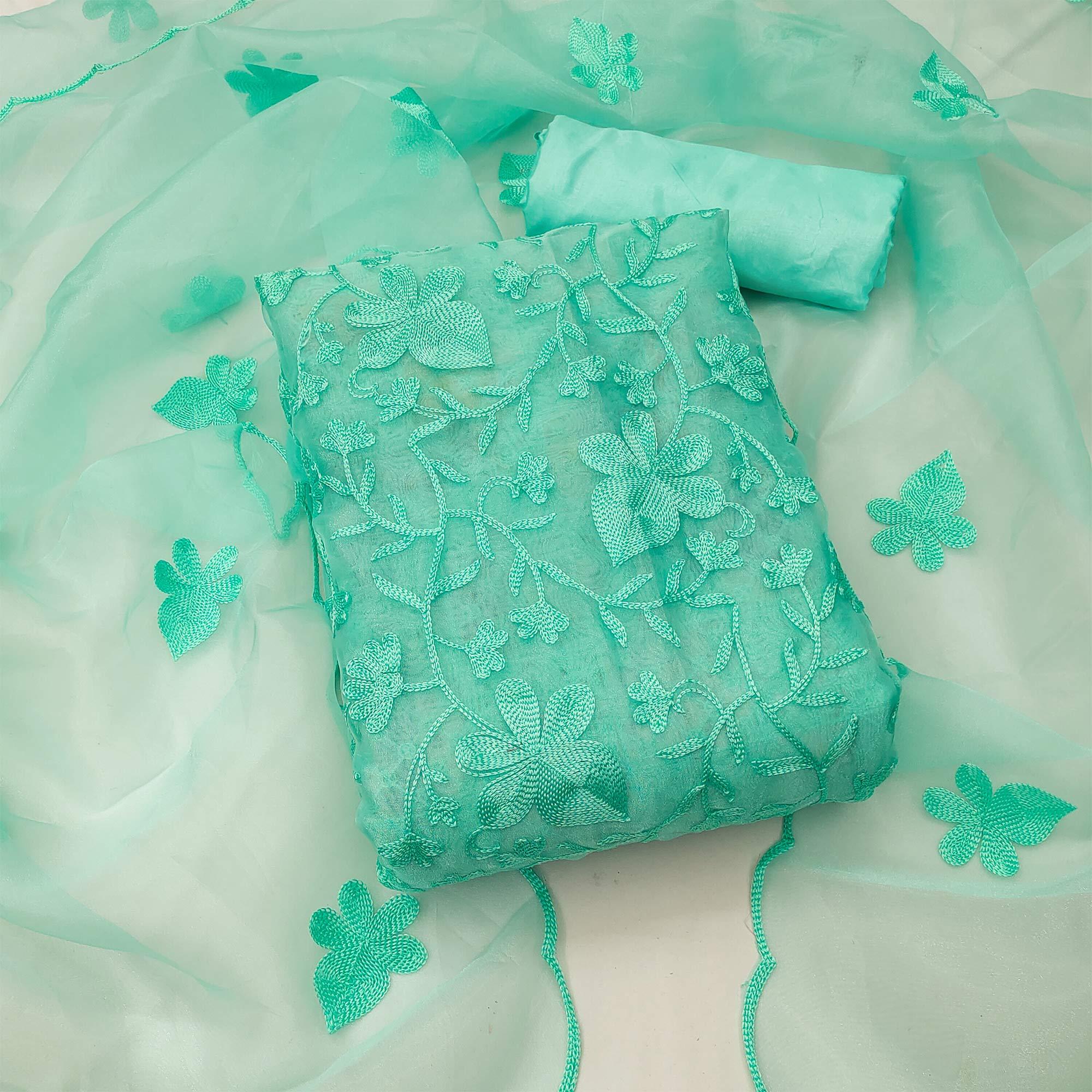 Turquoise Floral Embroidered Organza Dress Material - Peachmode